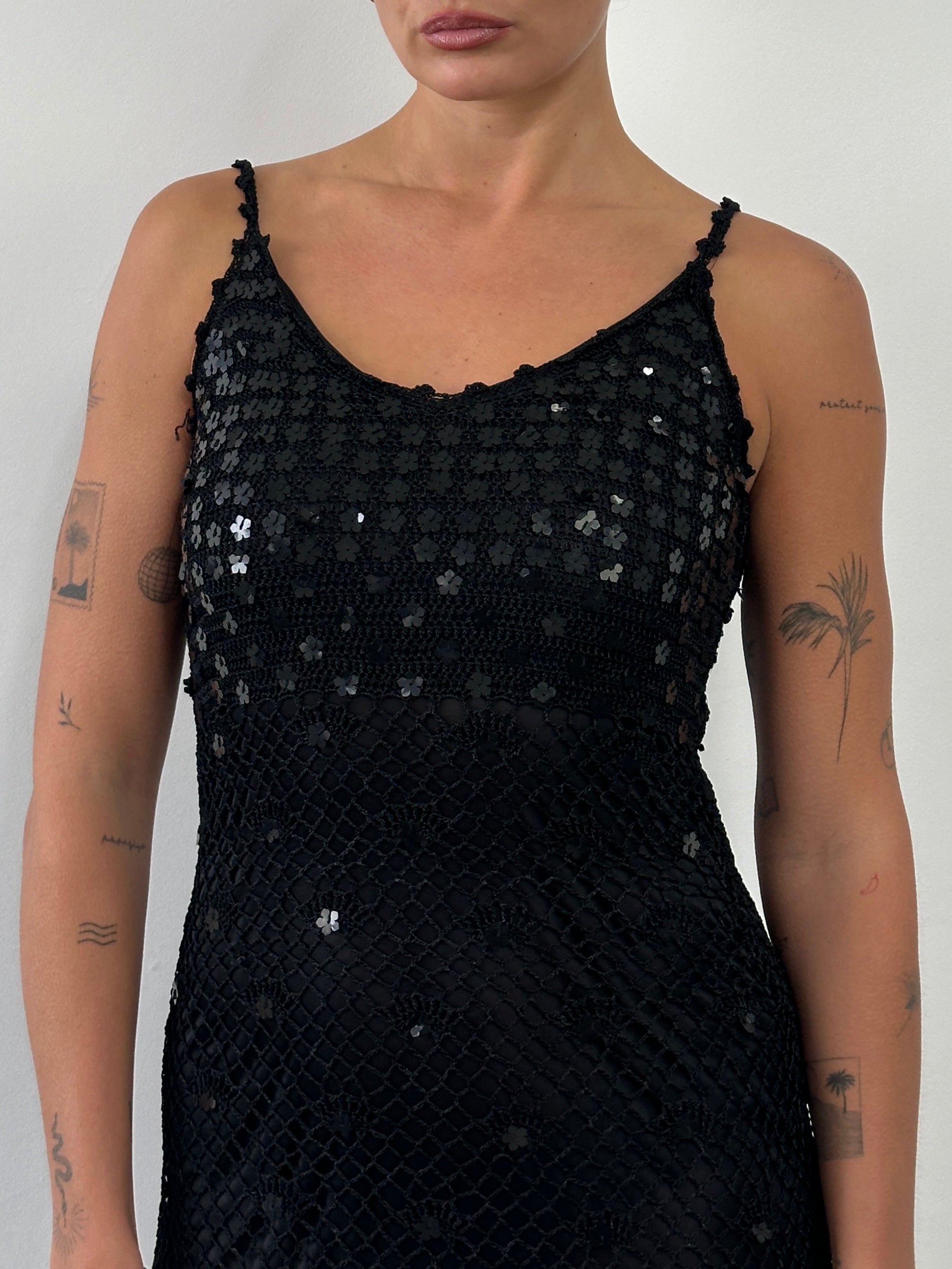 Vintage sequin crochet midi slip dress in XS/S, featuring intricate crochet details and shimmering sequin embellishments.