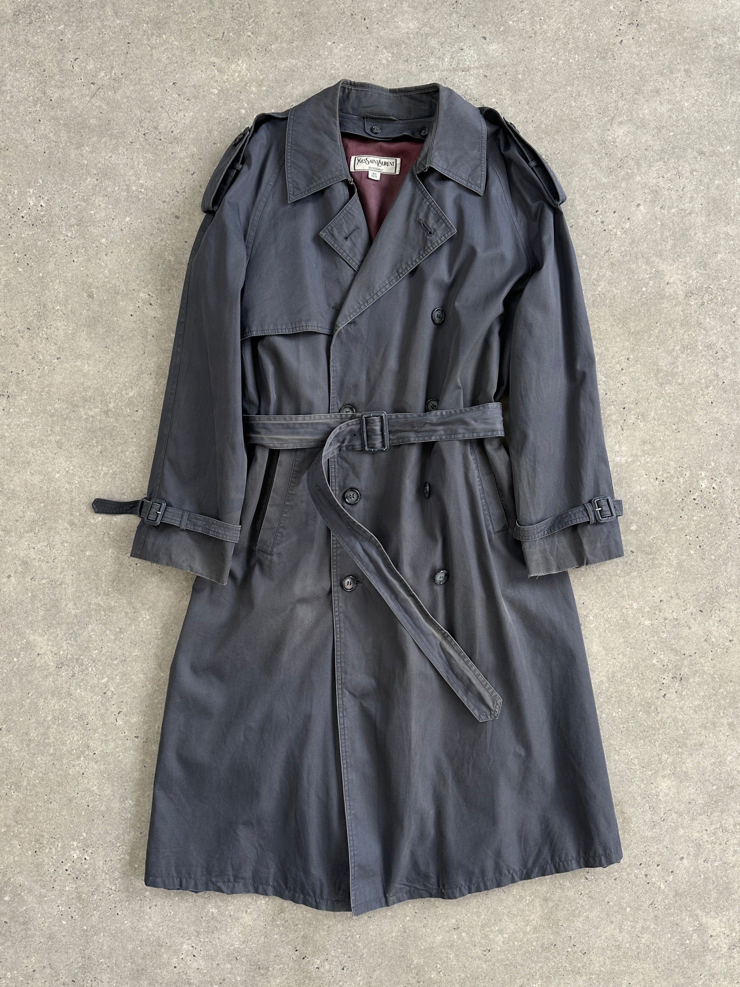 Yves Saint Laurent cotton double-breasted belted trench coat in XL, shown with classic design and stylish collar detail.