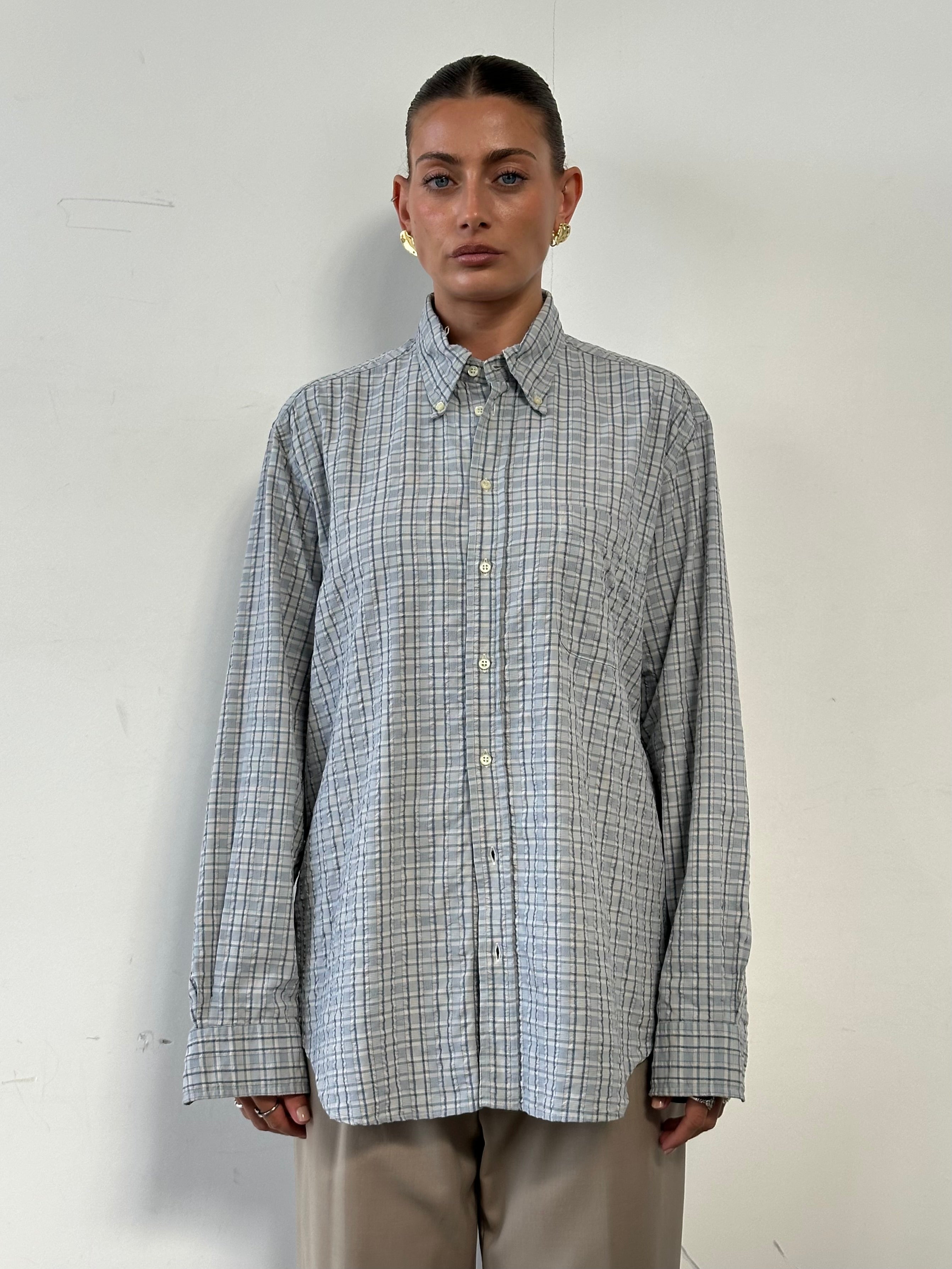 Giorgio Armani check pure cotton shirt in size L, featuring a classic plaid pattern and button-down collar.