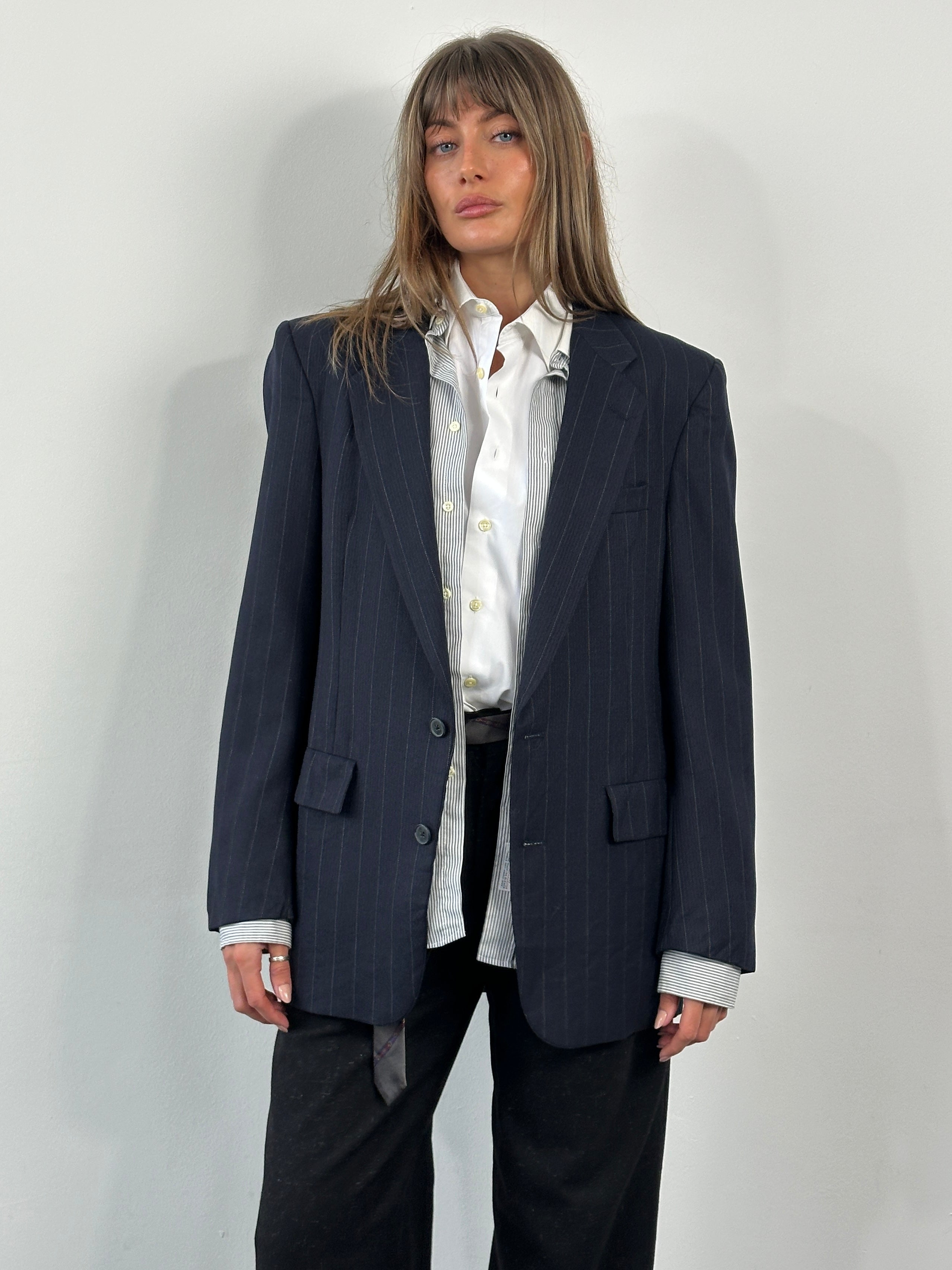 Christian Dior Le Connaisseur 1980s pure wool stripe blazer, 41R/L, featuring classic tailored fit with blue, gray, and black stripes.