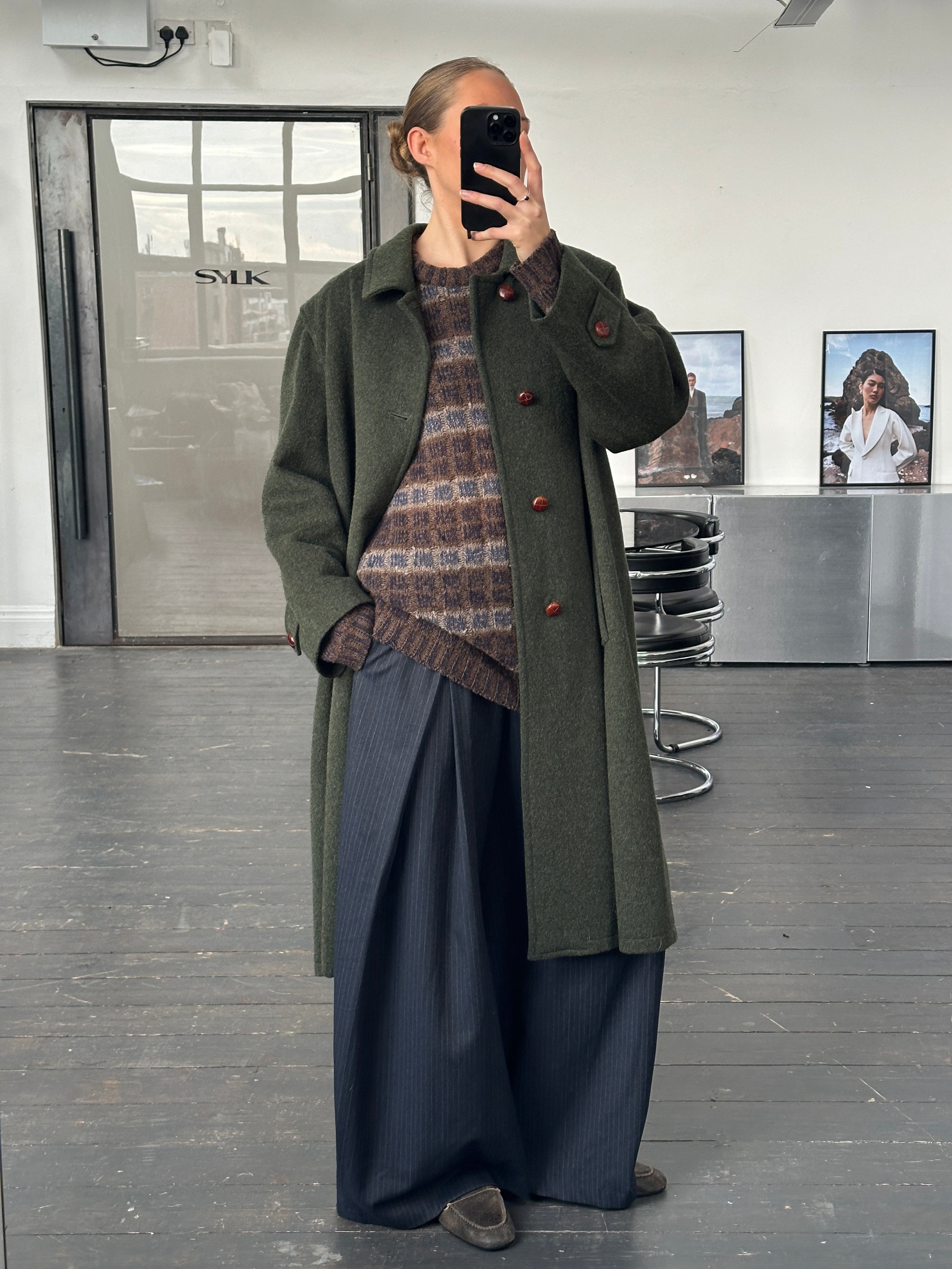 Vintage Italian 1990s wool, alpaca, and mohair single-breasted coat in XL, showcasing classic design and textured fabric.