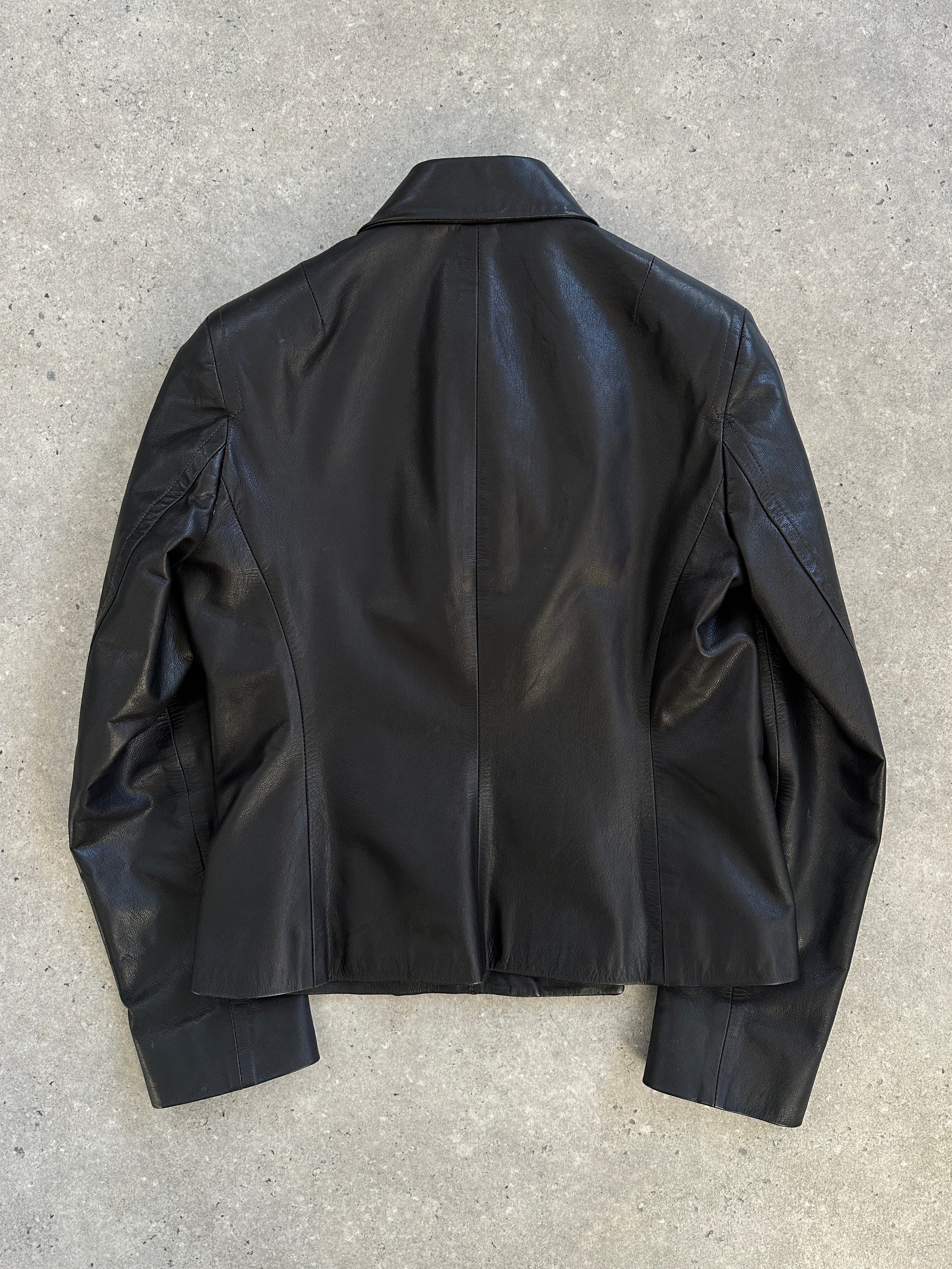 Nicole Farhi 1990s leather jacket in size small, stylish black leather with classic design and smooth texture.