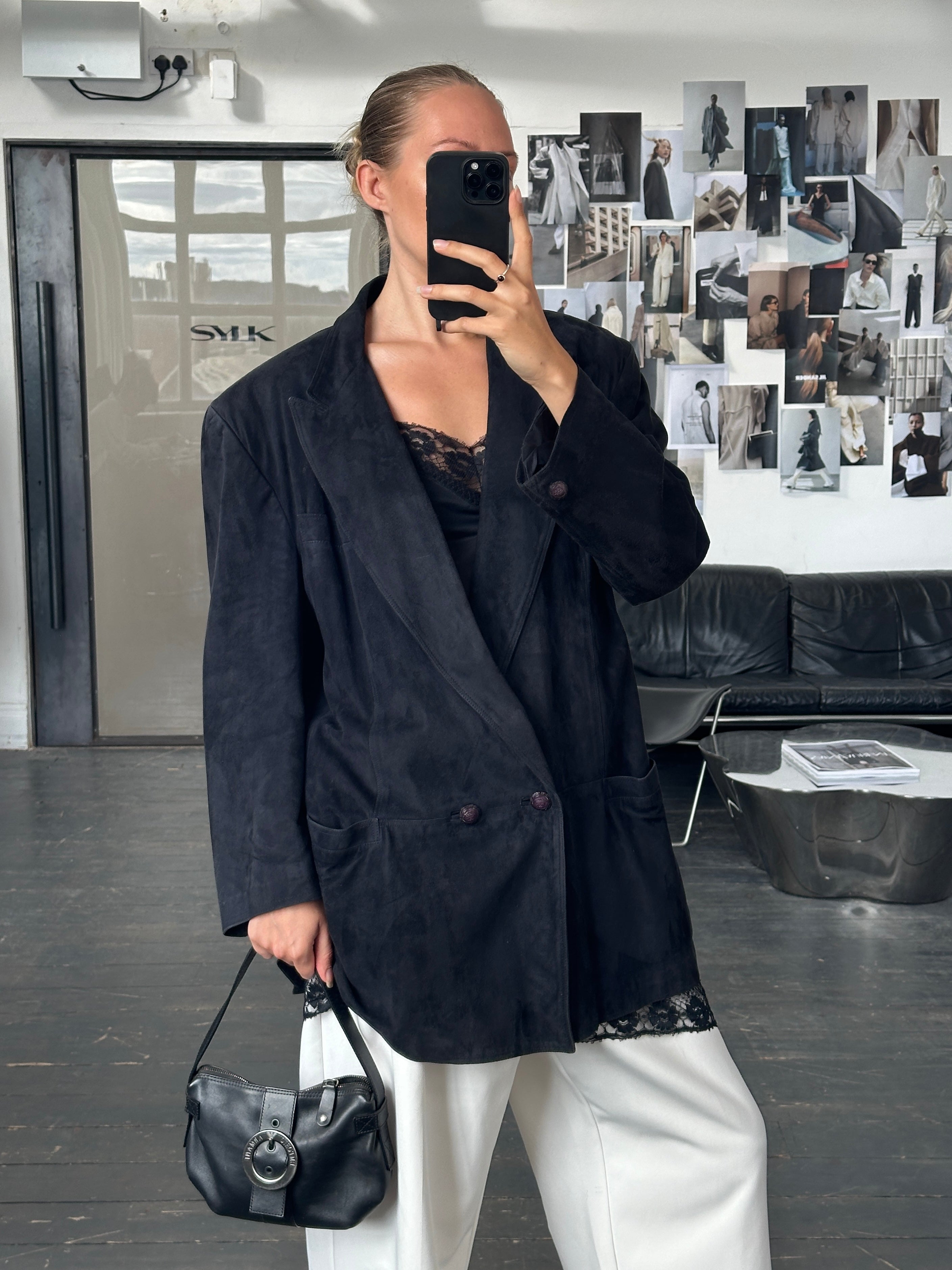 Versace 1990s XL suede double-breasted leather jacket, stylish and vintage with classic design details.
