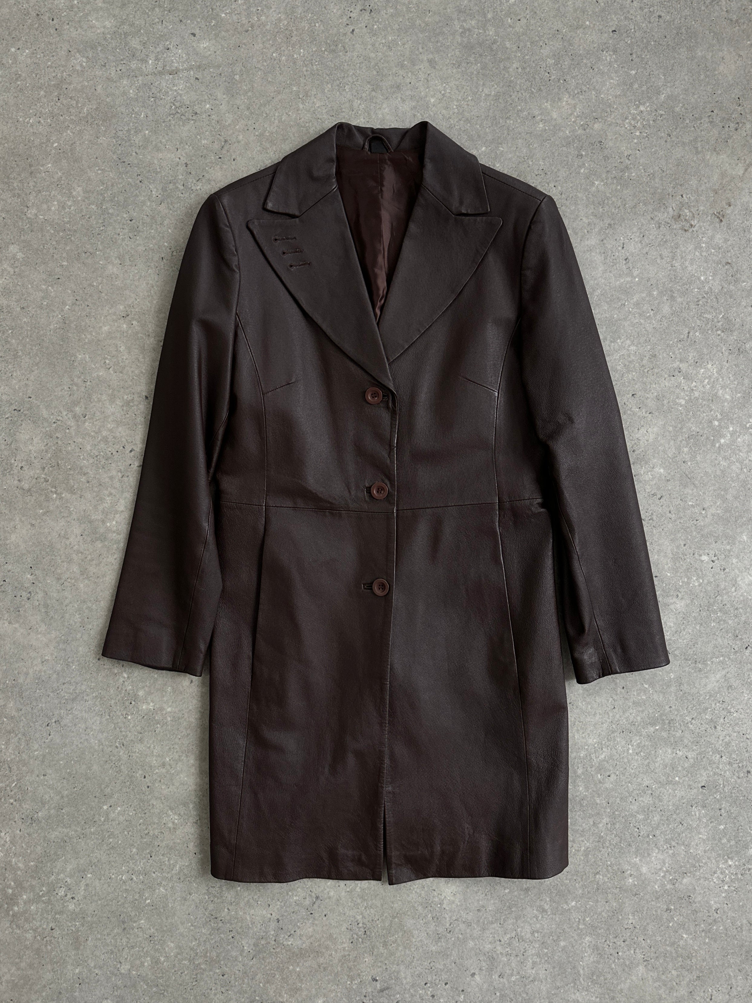 Vintage leather trench coat jacket in M/L size, featuring classic design, brown color, and stylish details.