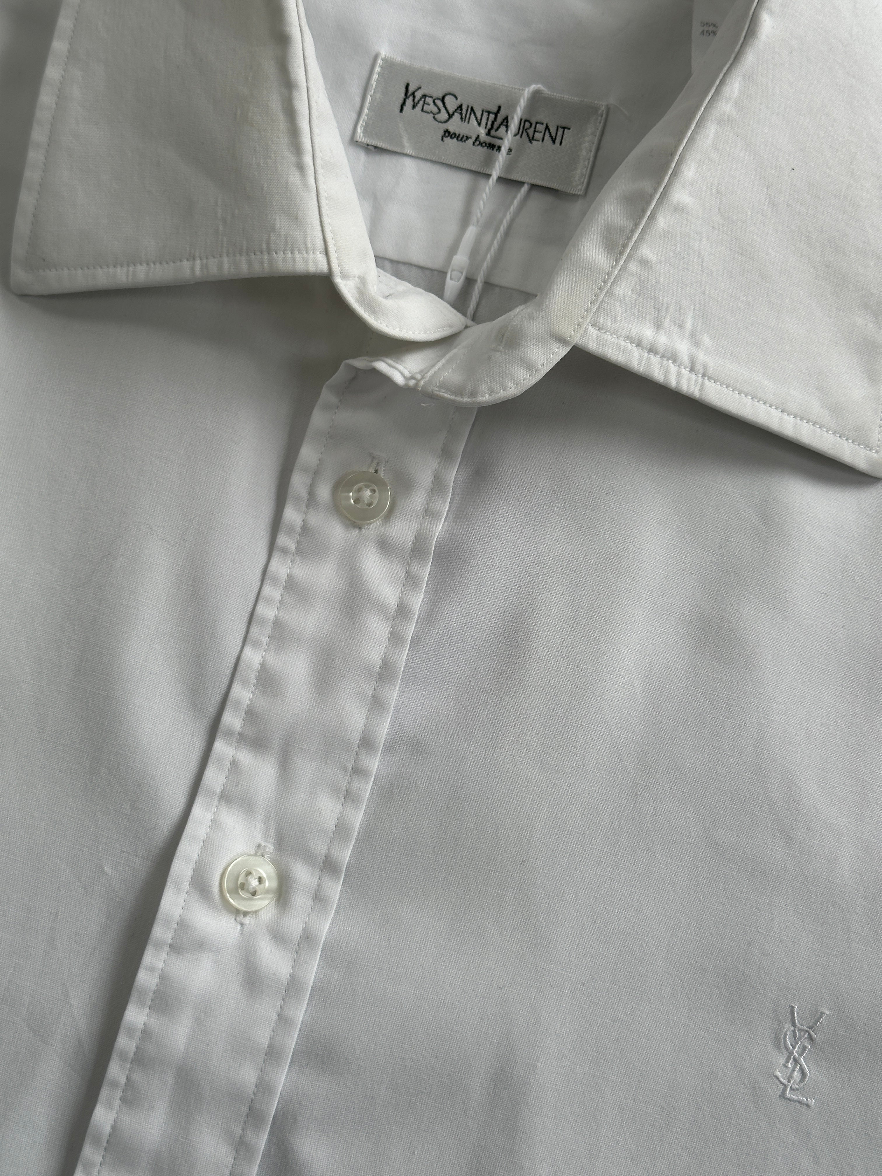 Yves Saint Laurent Pour Homme 1990s cotton logo dress shirt in size L, classic white shirt with YSL logo details.