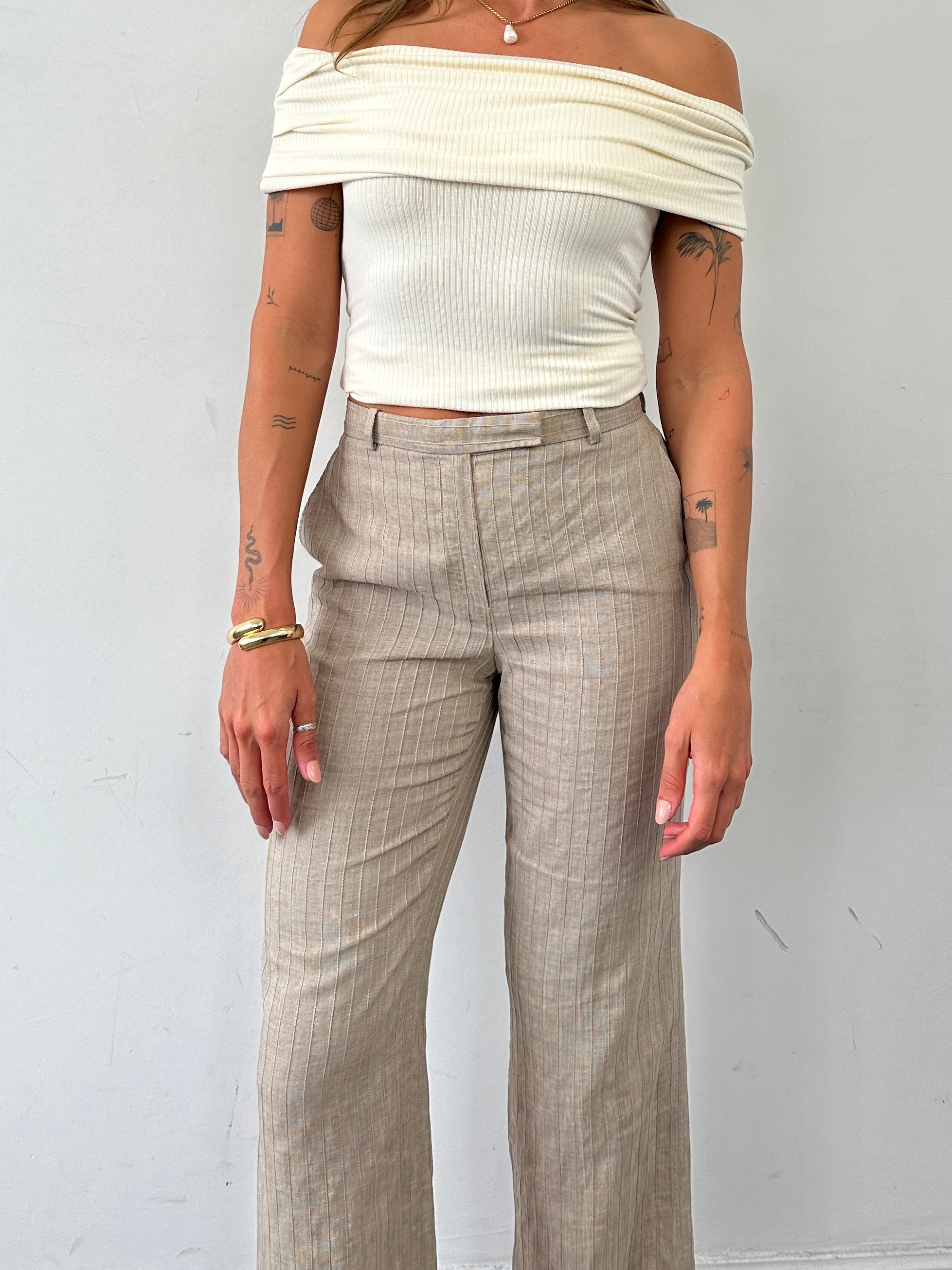 Armani Collezioni cotton linen striped mid-rise straight leg trousers in W26, shown on a model.