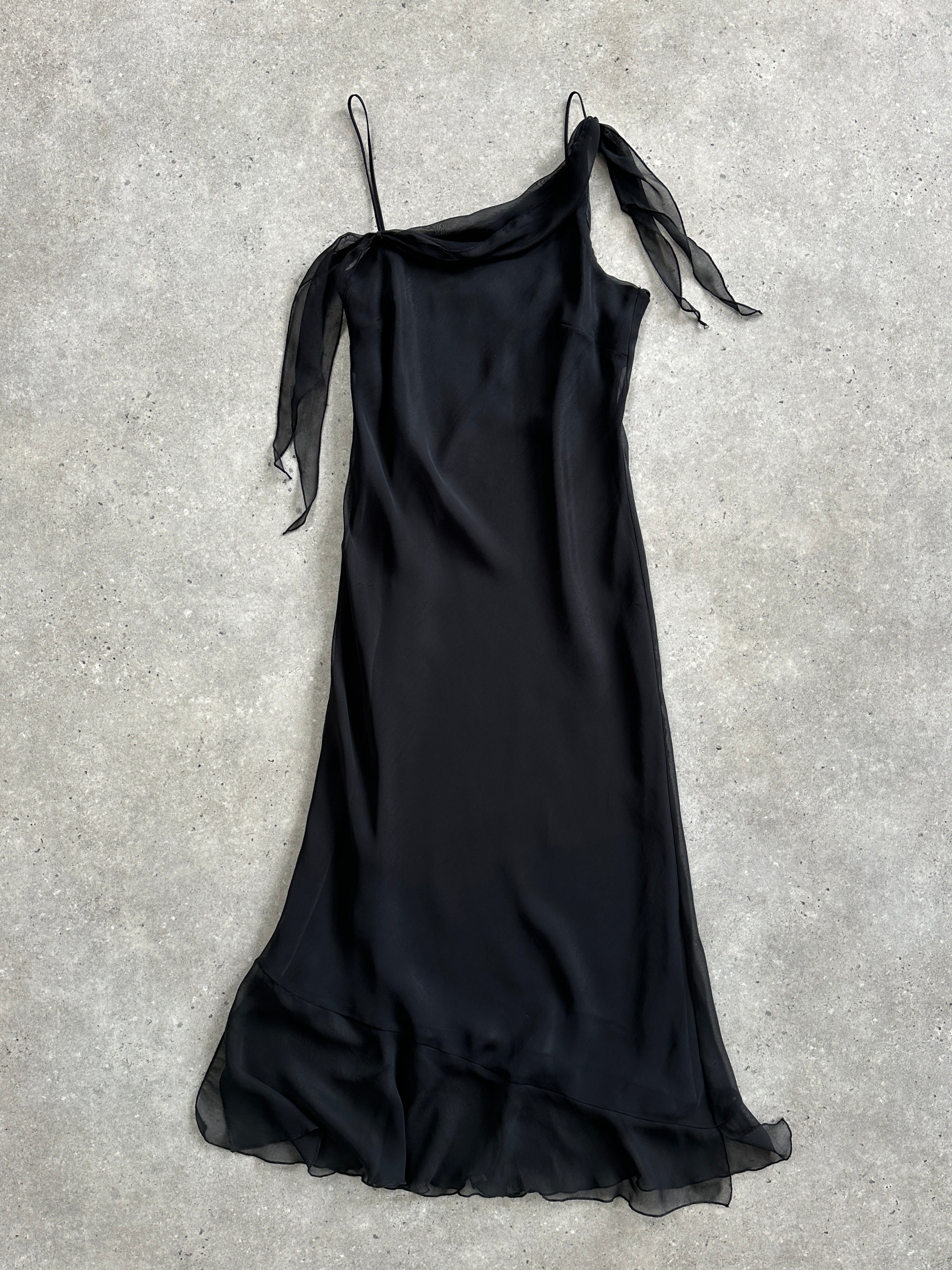 Vintage vintage asymmetric sheer maxi slip dress in M size, flowing fabric with a stylish, elegant design.