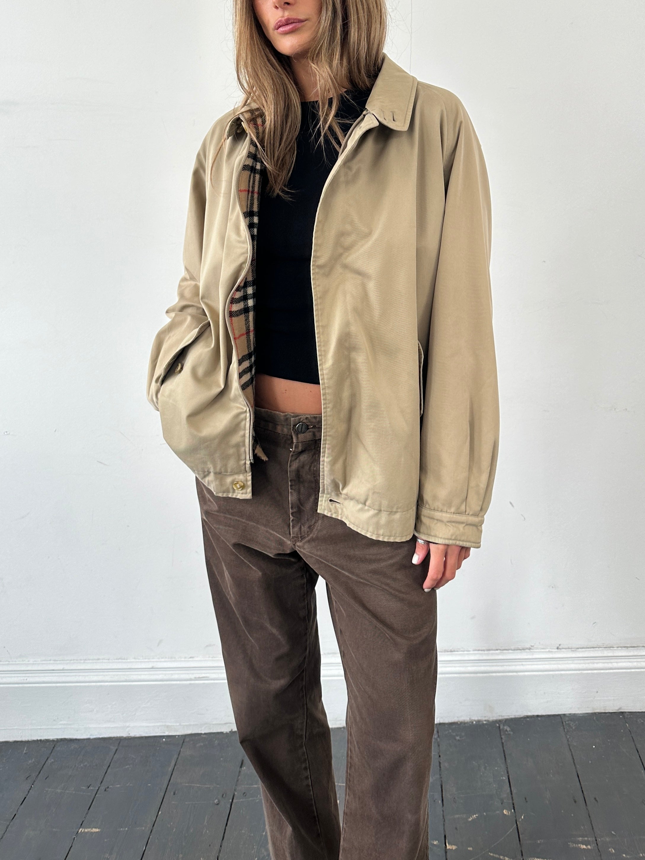 Burberry Nova Check bomber jacket in size large, featuring classic check pattern and stylish fit.