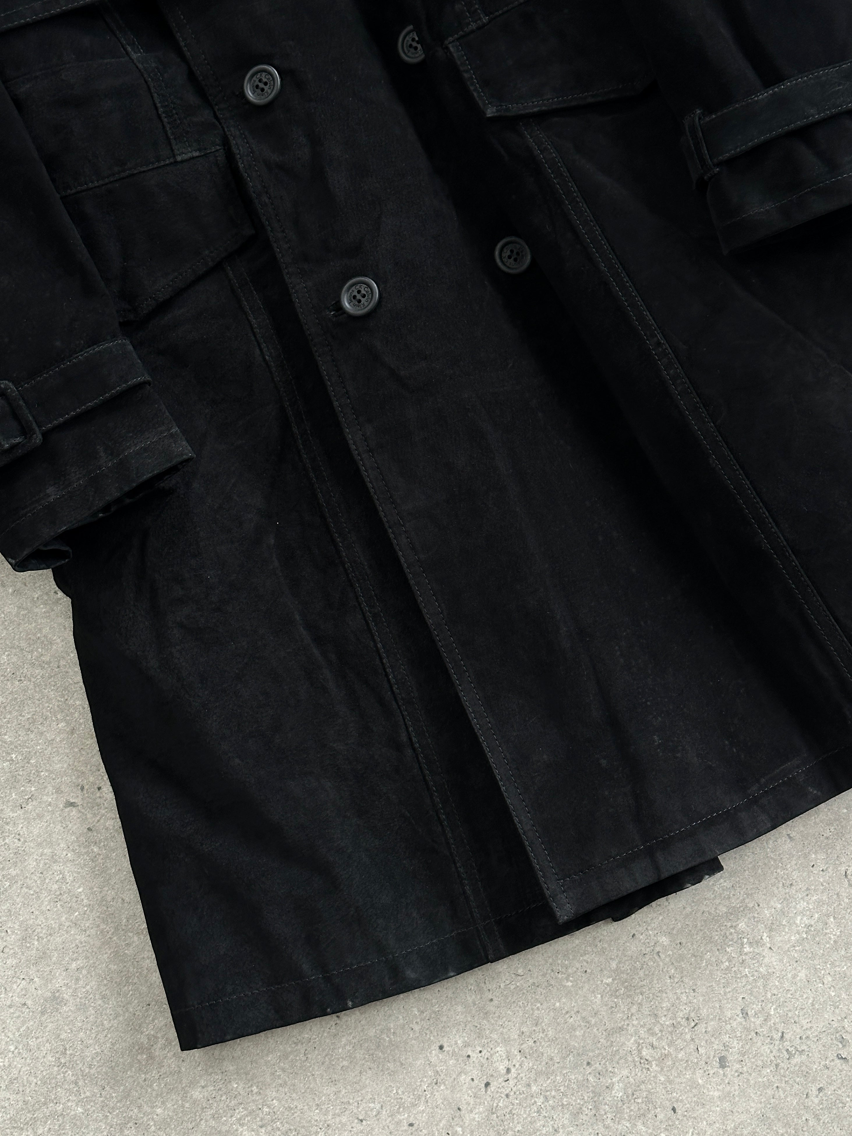 Calvin Klein 1990s suede belted trench coat in XXL, stylish leather jacket with classic design and belt detail.