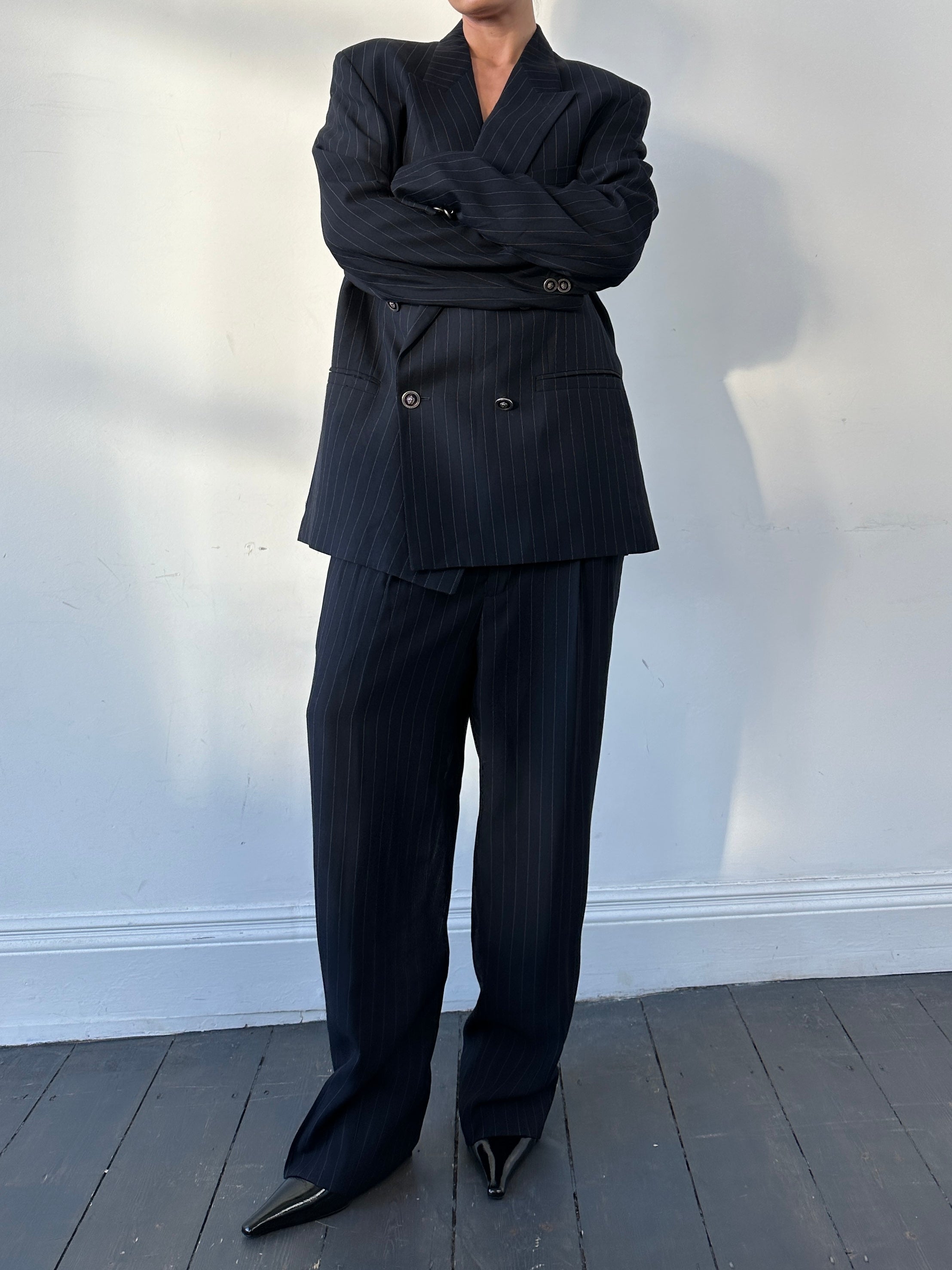 Versace Versus 1990s pinstripe double-breasted suit, tailored fit, in navy with classic lapels and button details, size 44L/W34.