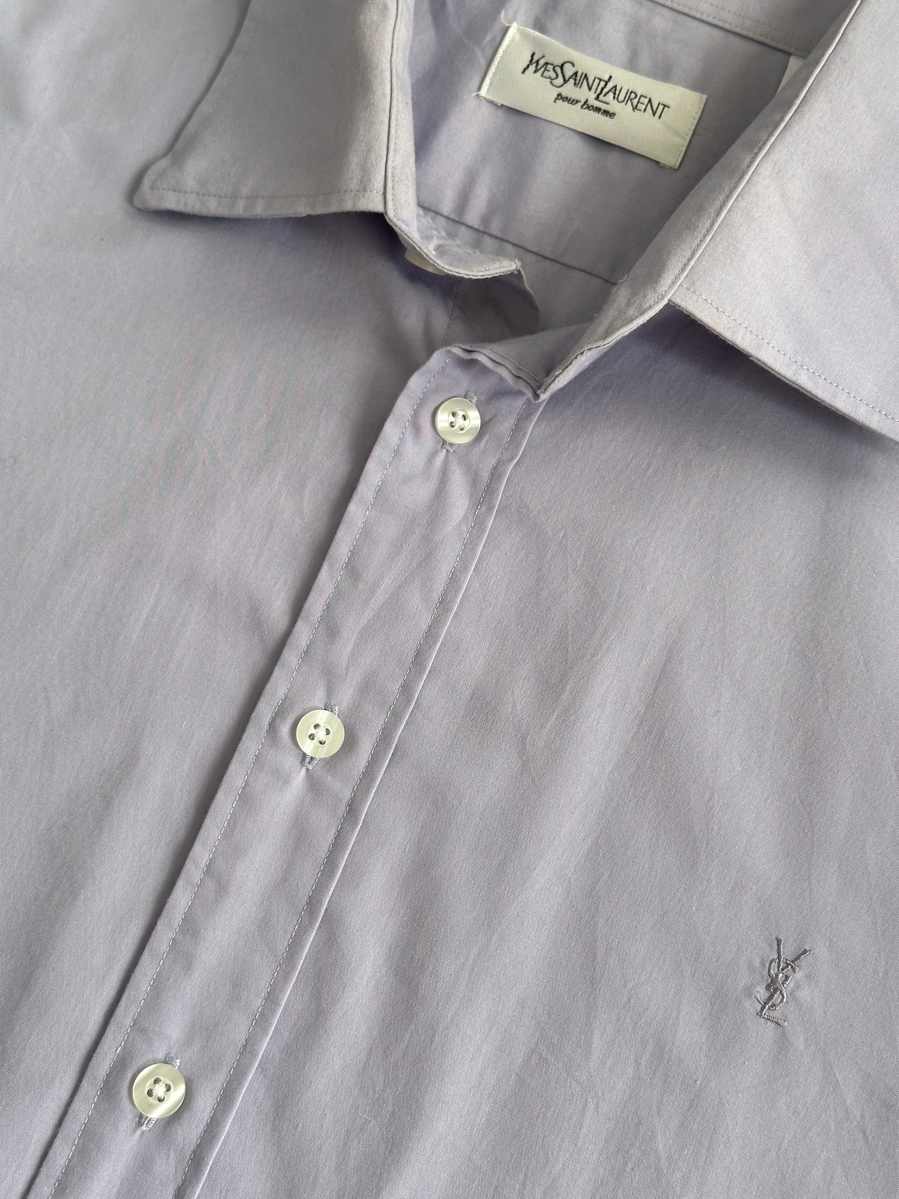 Yves Saint Laurent Pour Homme cotton logo dress shirt in XL, white with YSL branding, long sleeves, and classic collar.