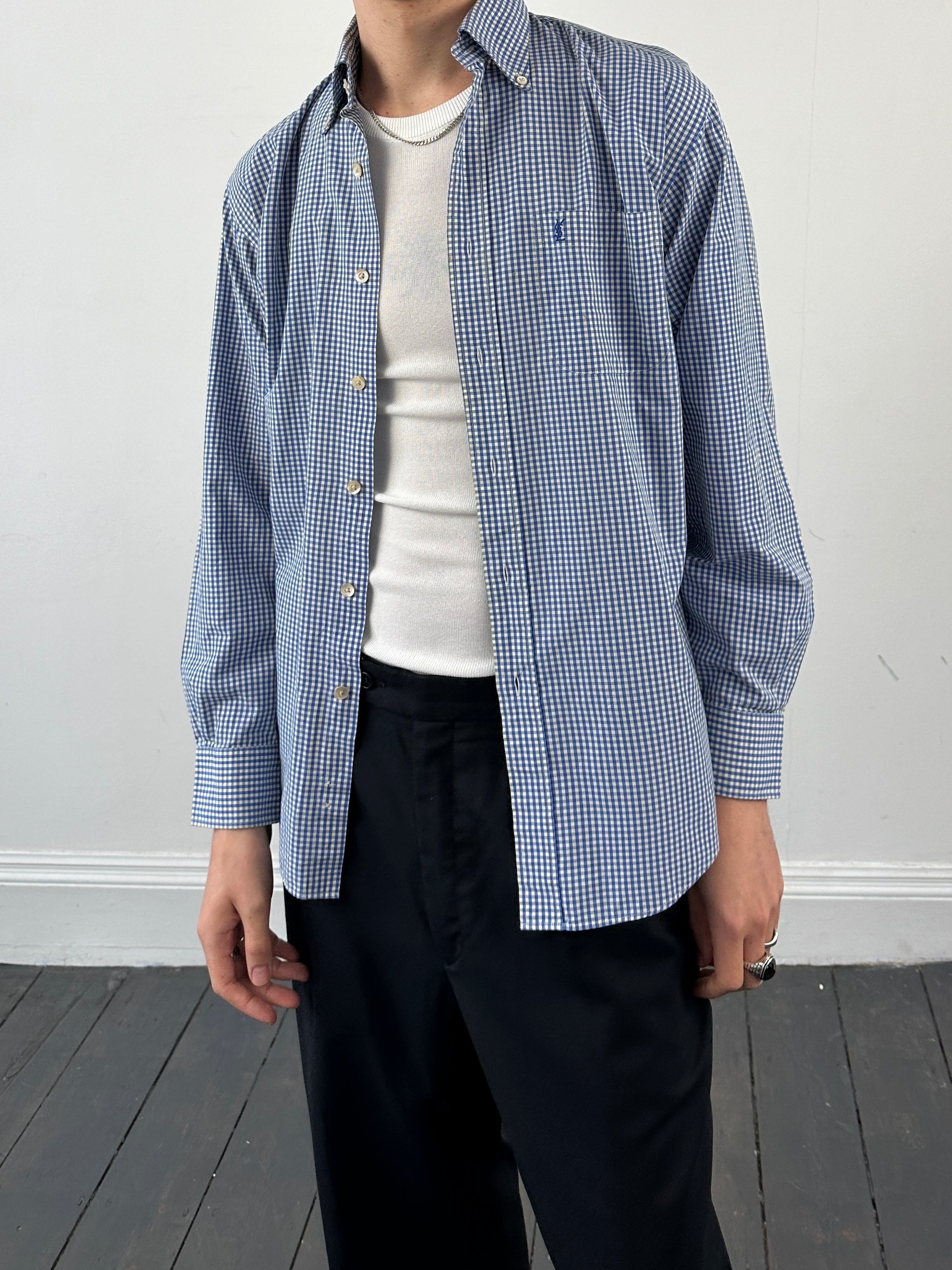 Yves Saint Laurent Pour Homme check cotton logo shirt in size S/M with classic button-down design and iconic YSL logo detail.