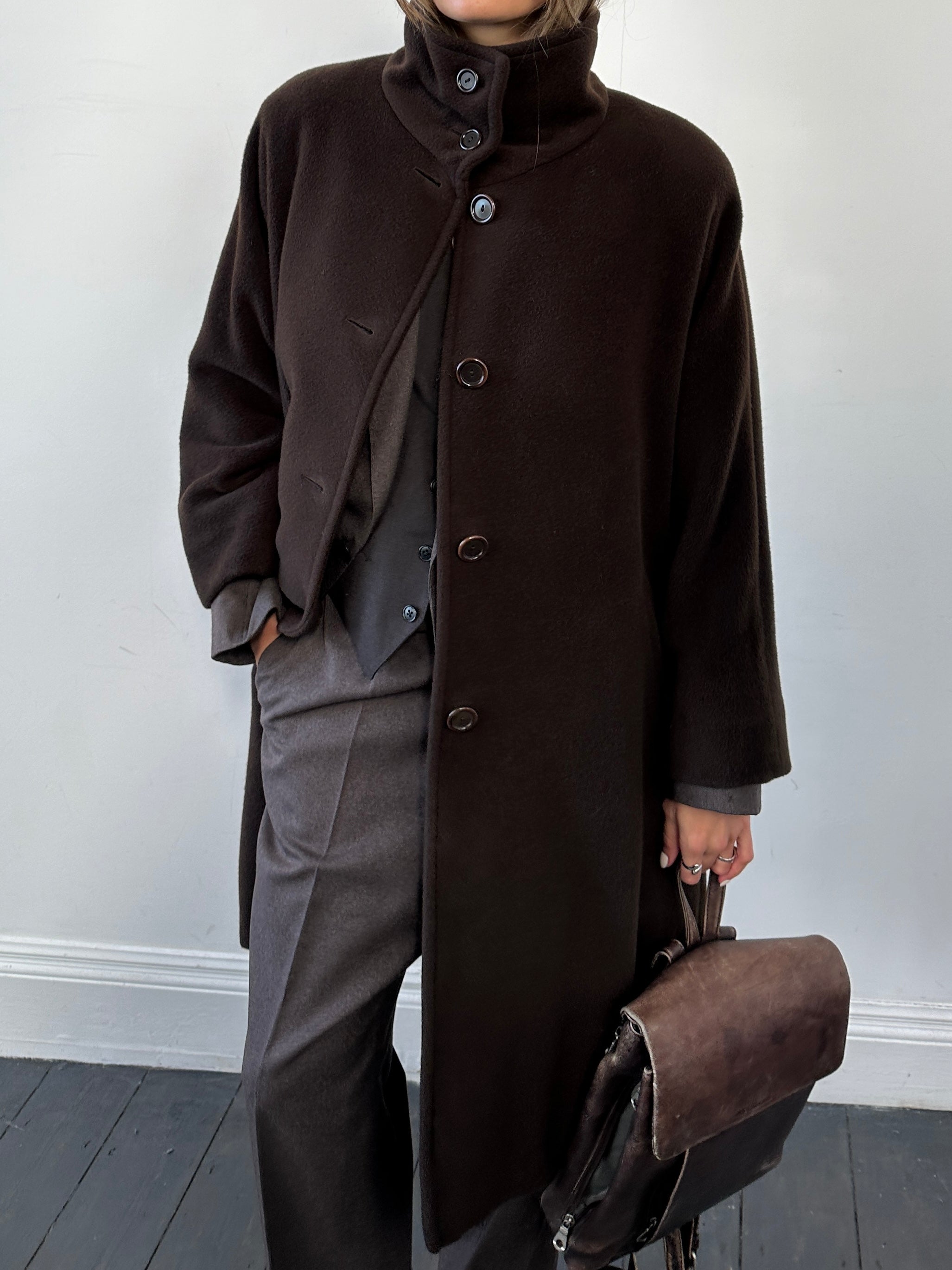 Marella wool and cashmere funnel neck coat in M/L size, featuring a tailored silhouette and neutral color for elegant winter wear.