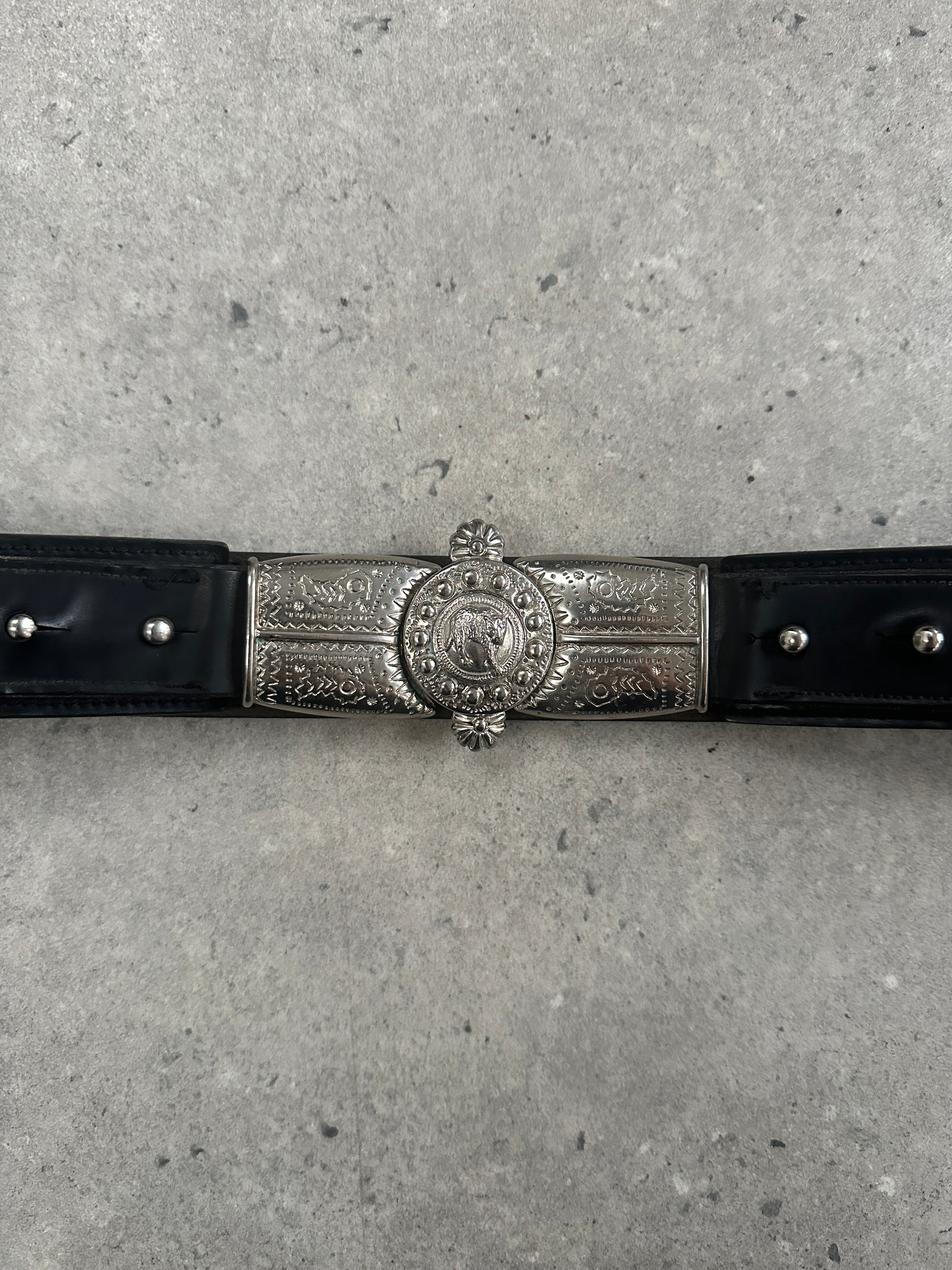 Versace Versus 1990s leather belt with panther buckle, W38, featuring black leather strap and iconic gold-tone panther design.