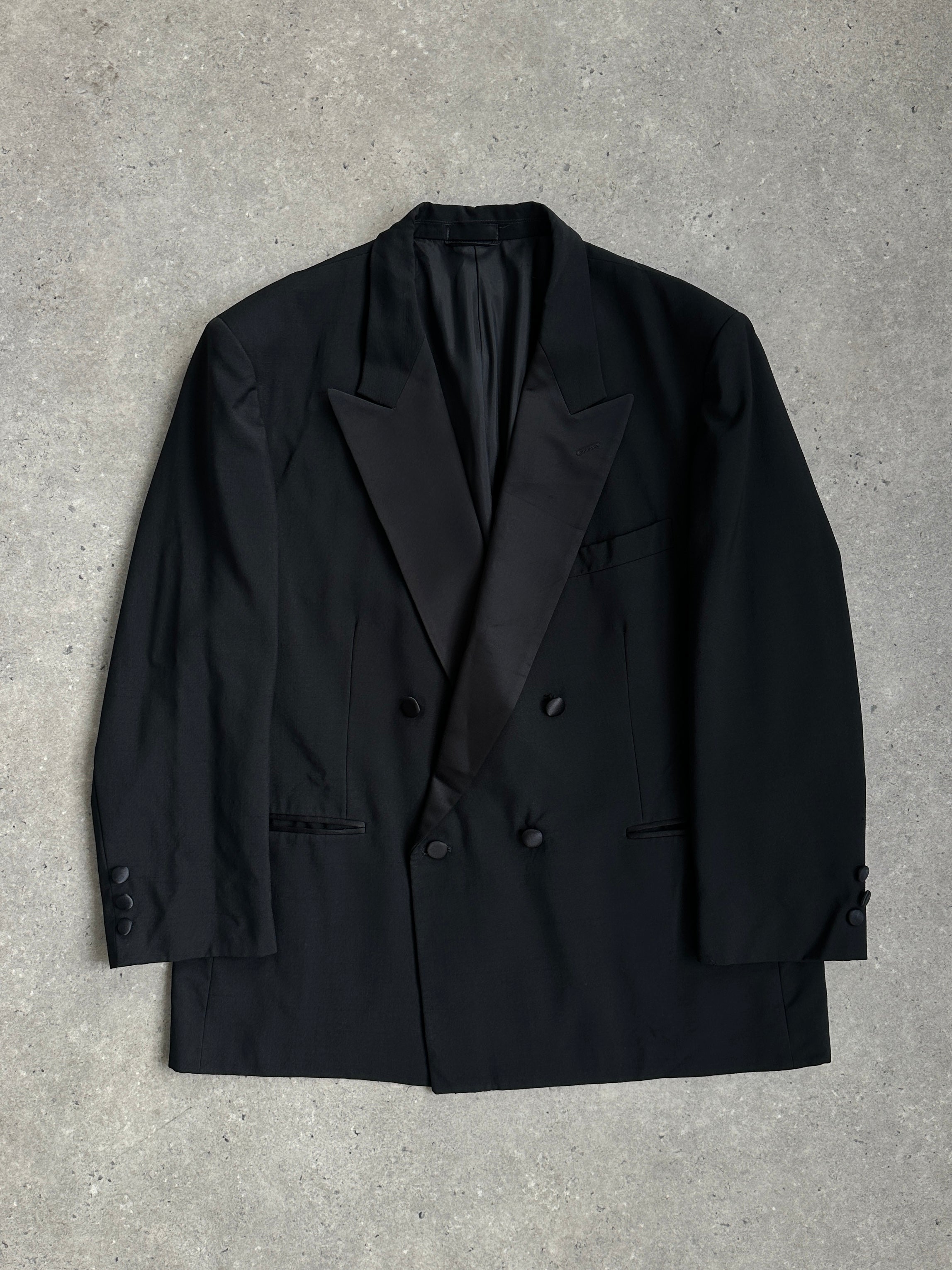 Yves Saint Laurent Pour Homme 1980s wool double-breasted tuxedo blazer in size 44S/XL, with peak lapels and classic tailored fit.