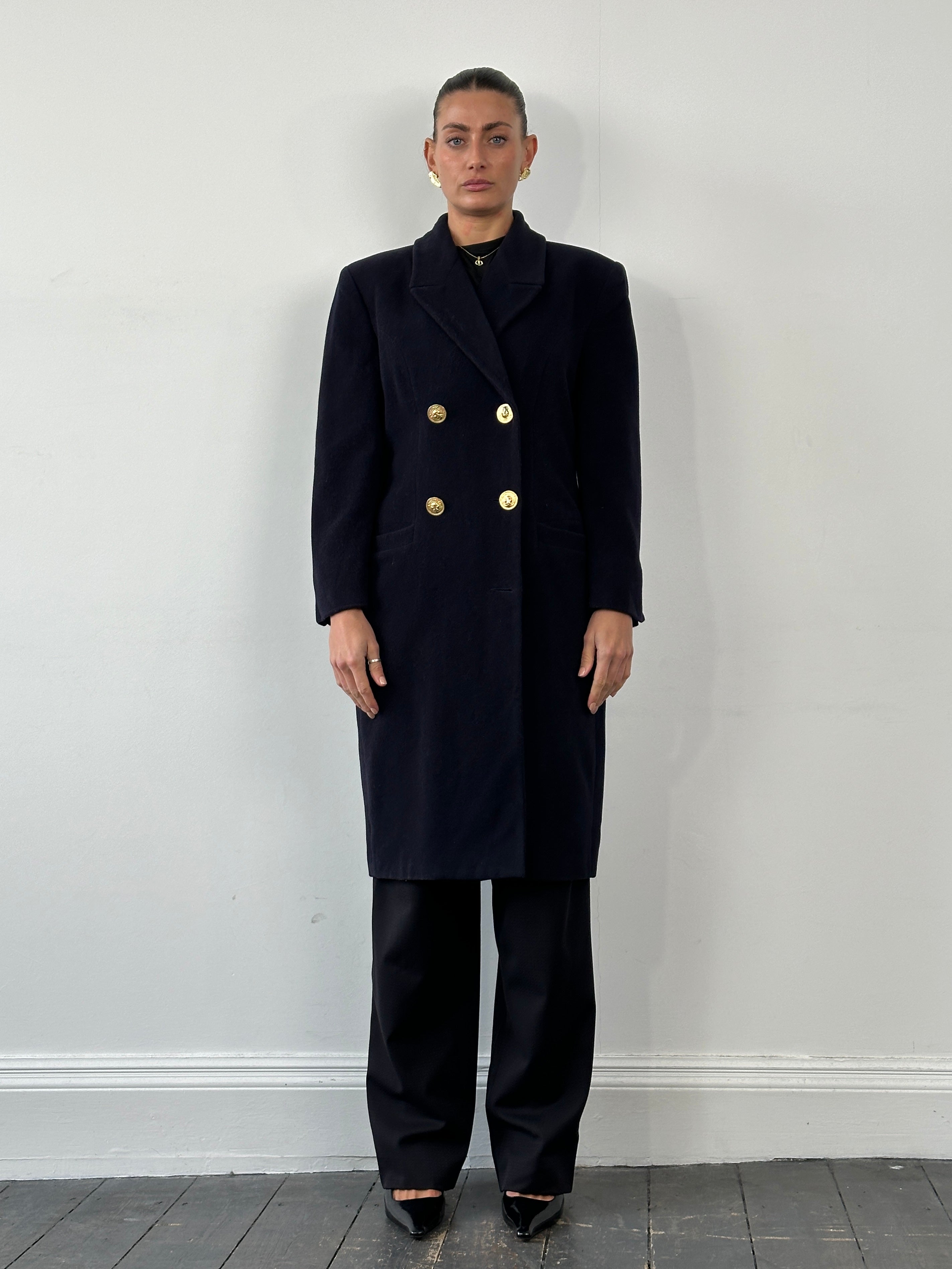 Versace Versus 1990s bespoke double-breasted coat, men's size M, stylish button-front design in classic fashion style.