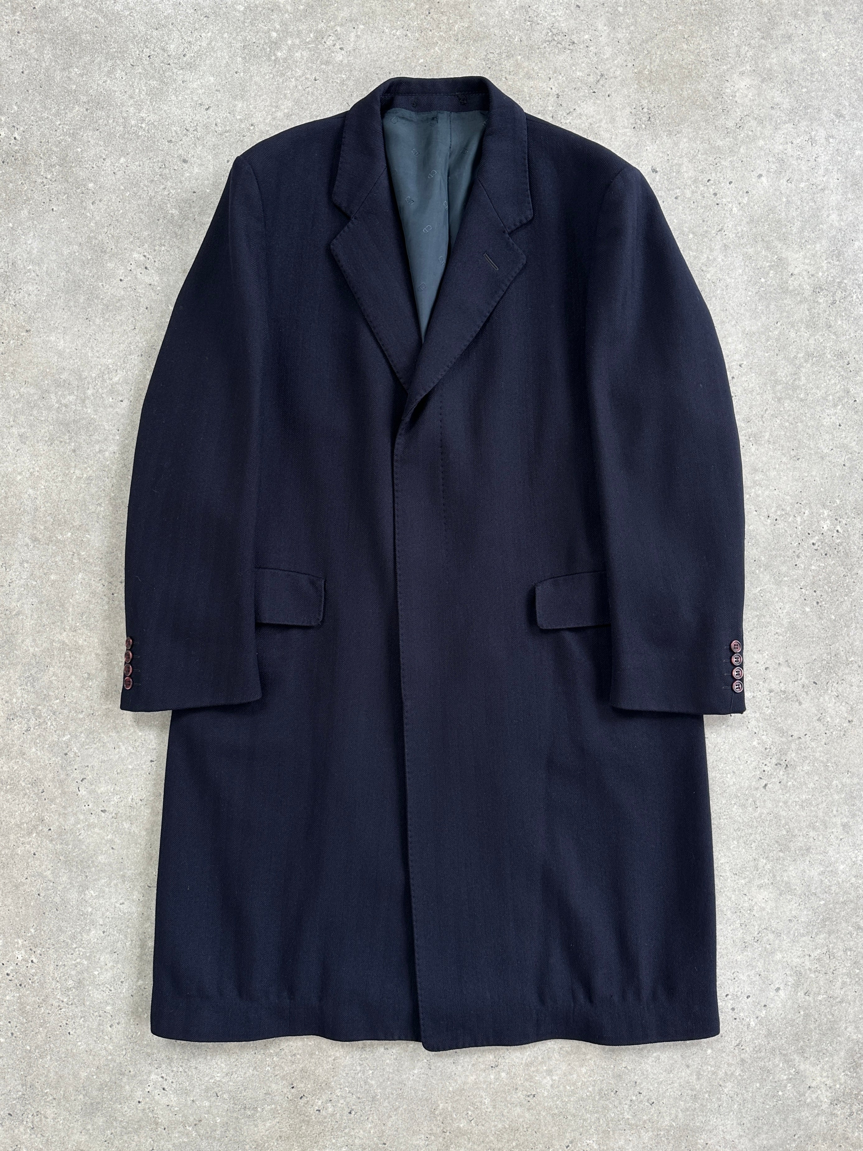 Christian Dior 1990s pure wool coat with concealed placket, oversized XL fit, shown in a close-up of the front view.
