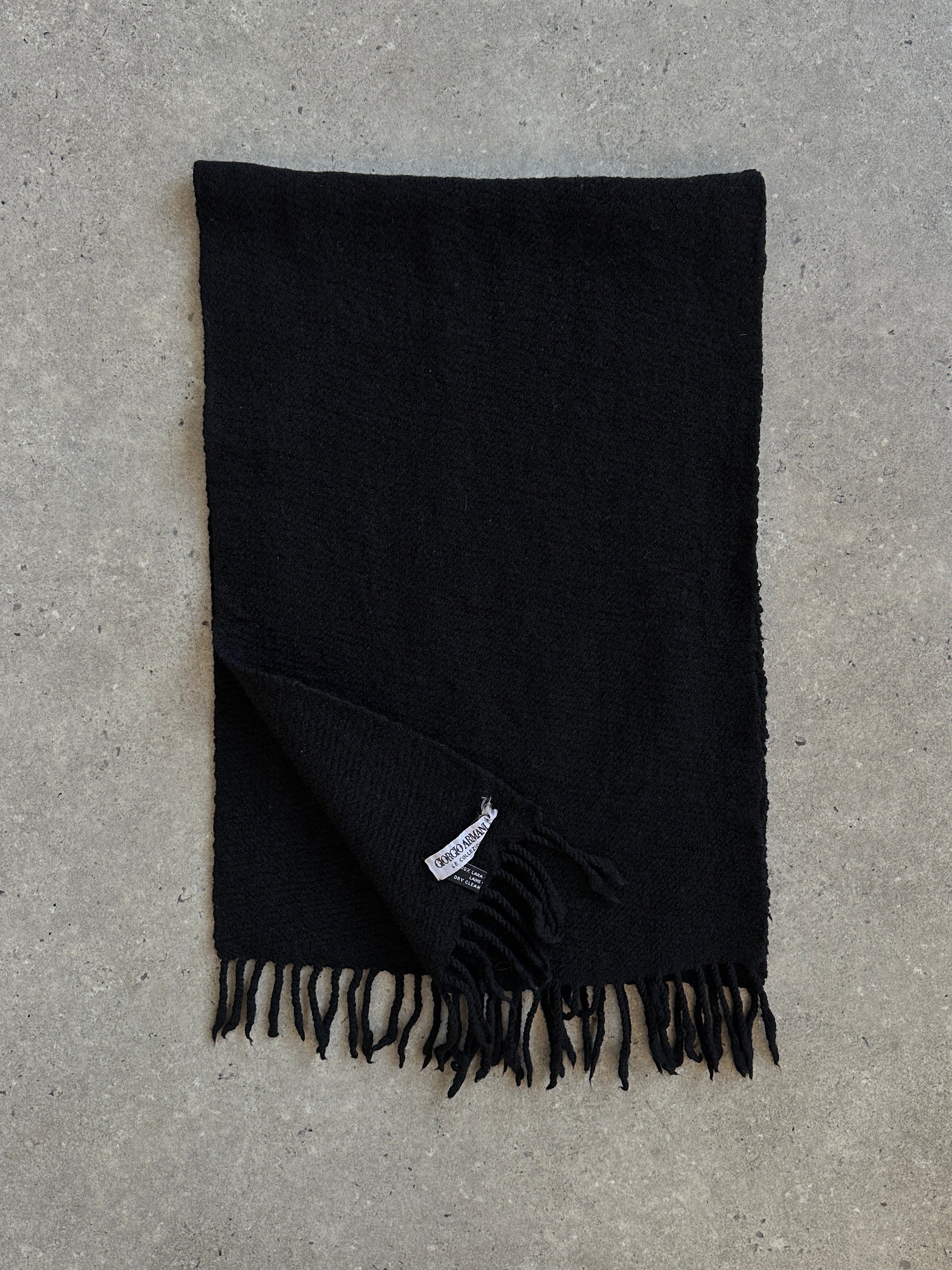 Giorgio Armani Le Collezioni 1990s pure wool tassel scarf with fringed edges, displayed flat showing its elegant design.