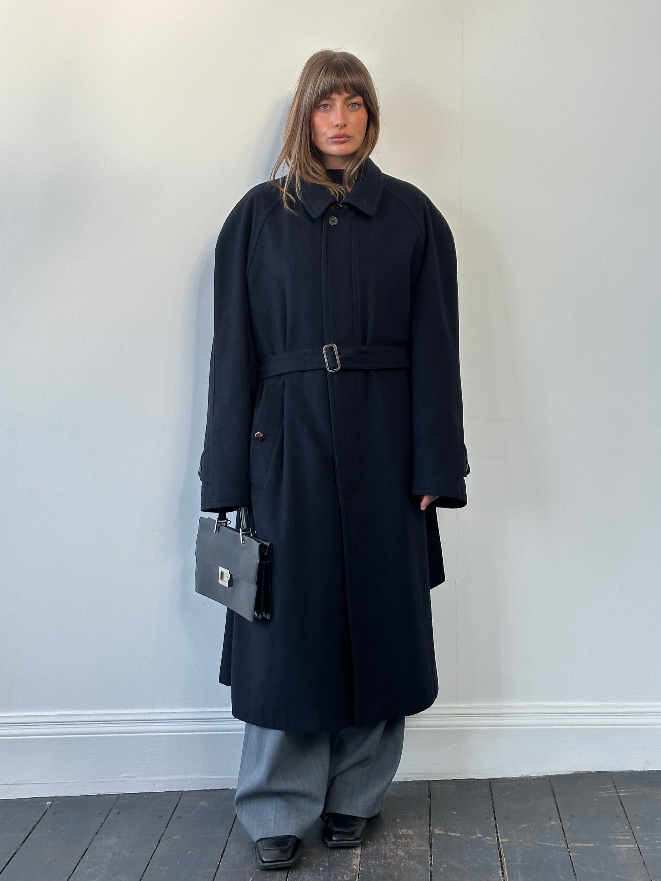 Vintage 1980s wool belted coat with concealed placket in XXL size, featuring classic design and textured fabric.