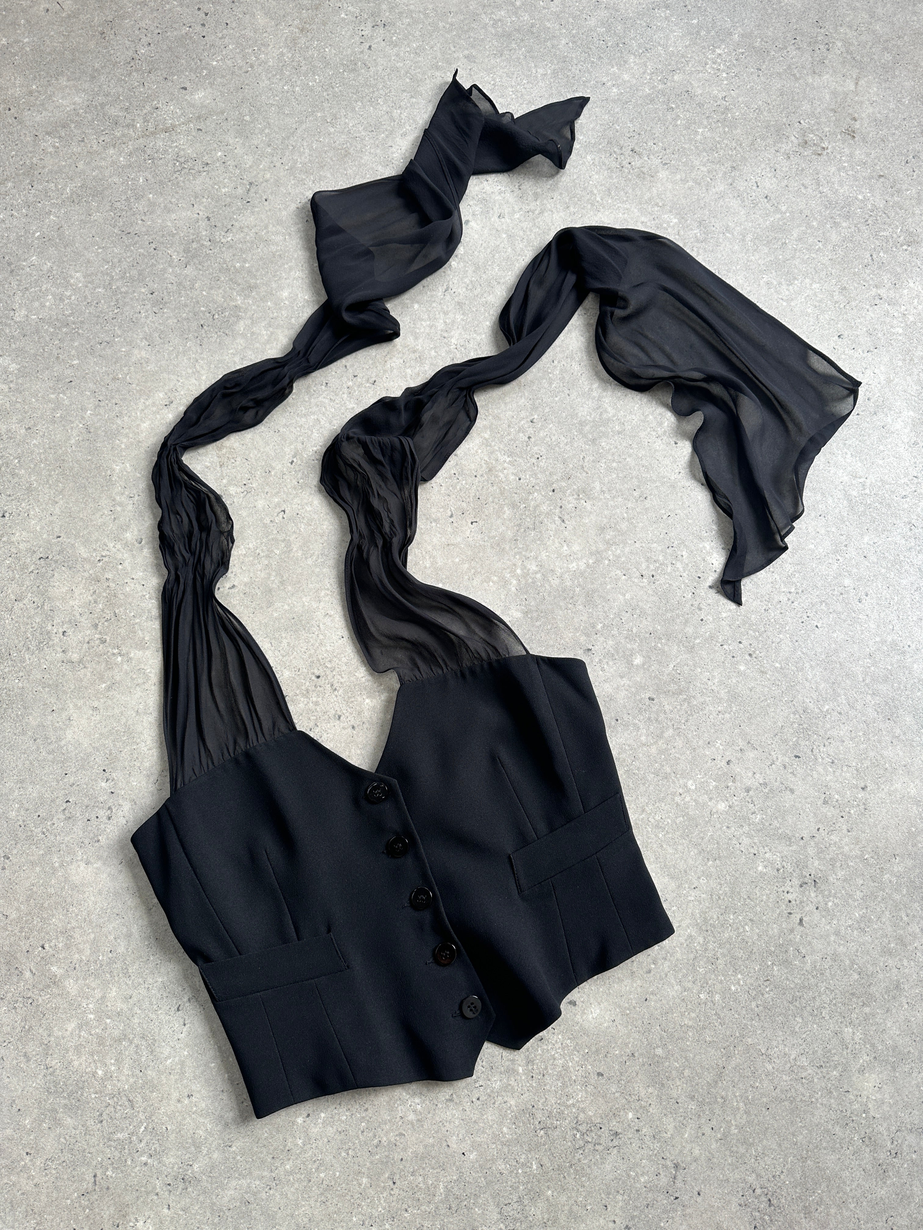 Emporio Armani 2002 pure silk halter neck waistcoat in S/M, shown with sleek design and elegant silk fabric.