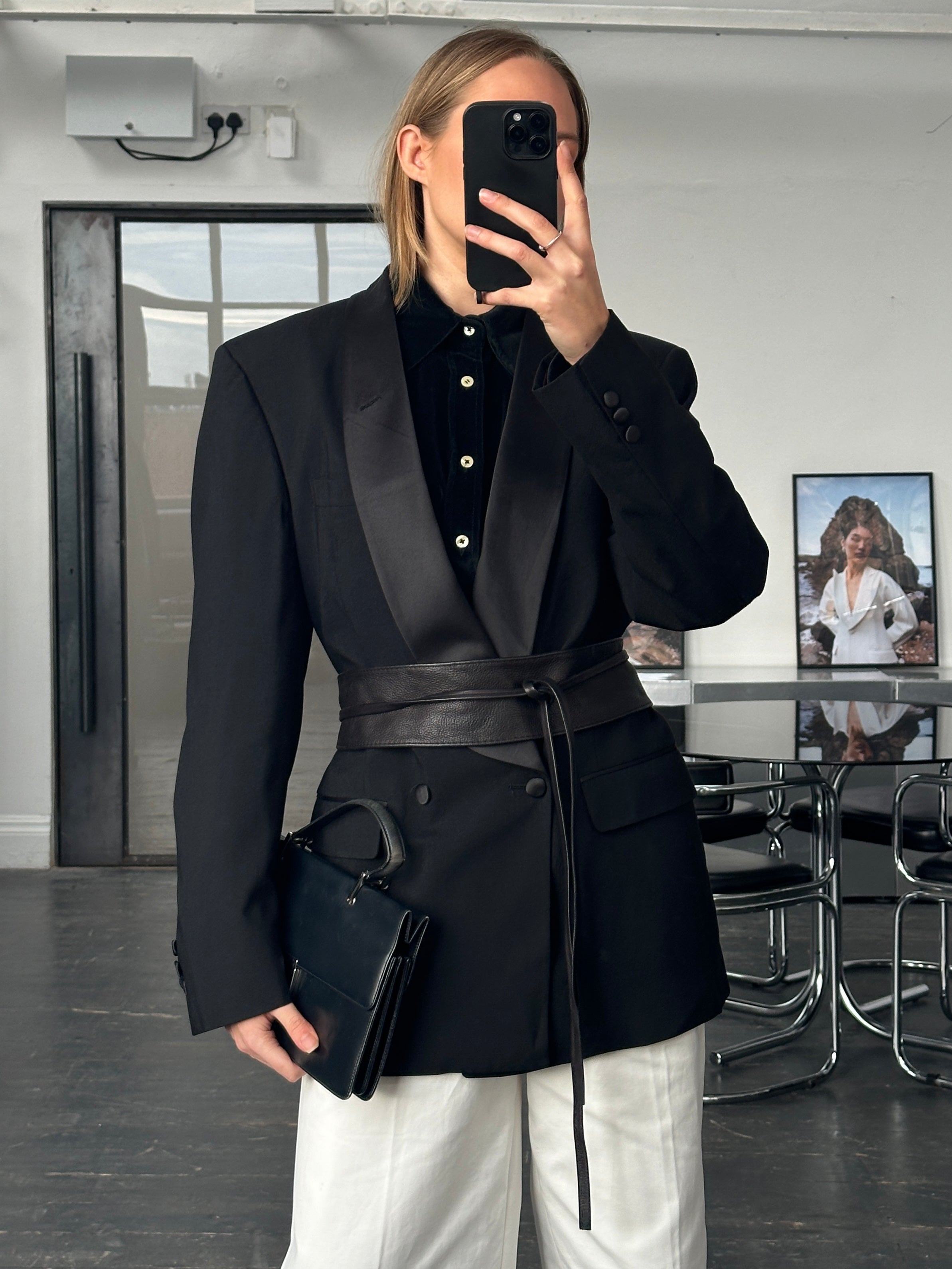 Christian Dior Monsieur 1980s pure wool tuxedo blazer, 40R/XL, showing tailored fit, classic lapels, and dark navy color.