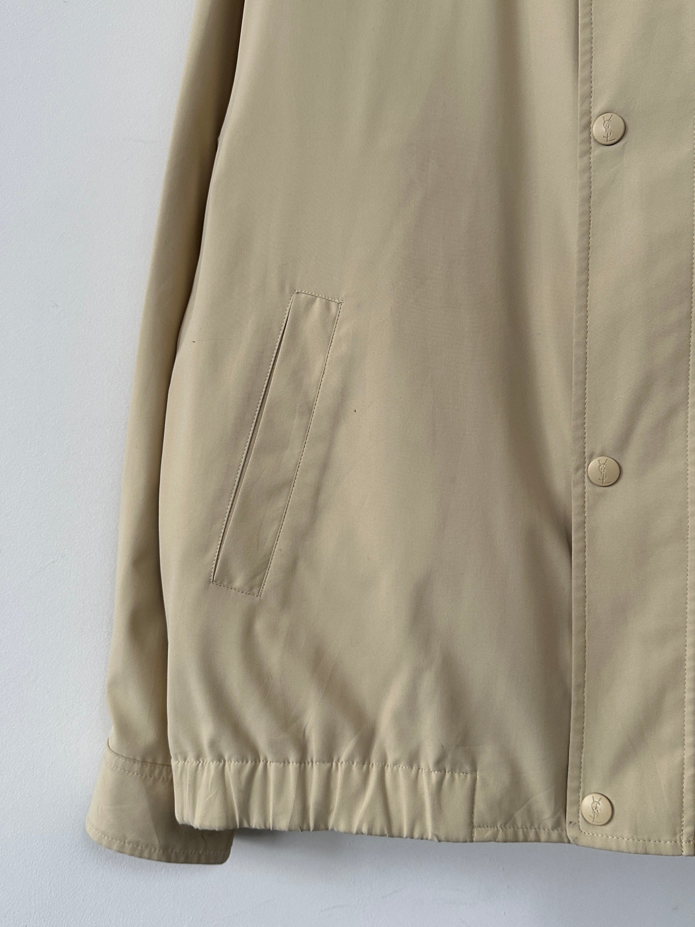 Yves Saint Laurent Pour Homme logo bomber jacket in size L, black with signature branding and ribbed cuffs, front zipper closure.