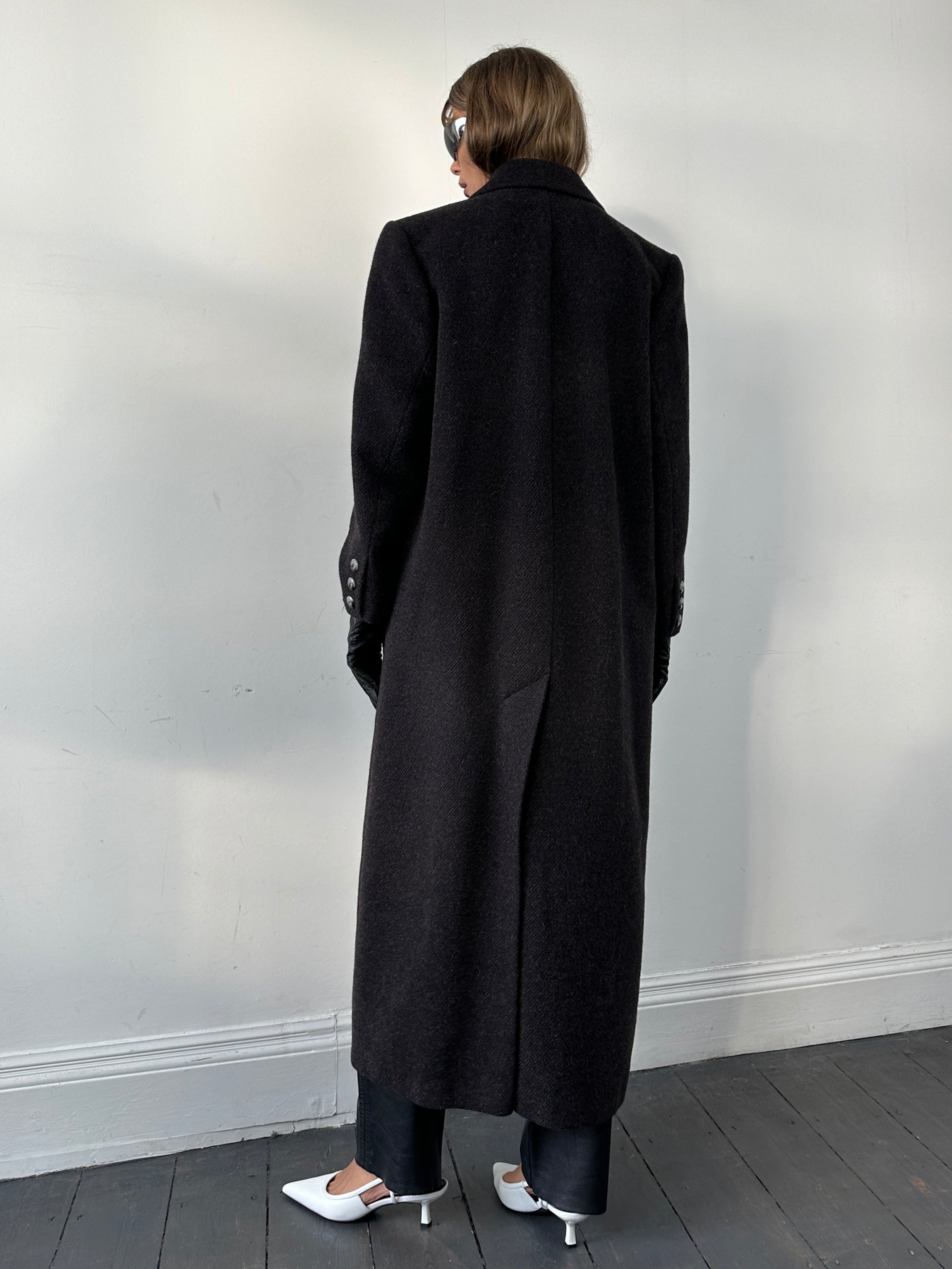 St Michael wool alpaca mohair floor-length coat in size M/L displayed on hanger, showcasing its textured fabric and elegant design.