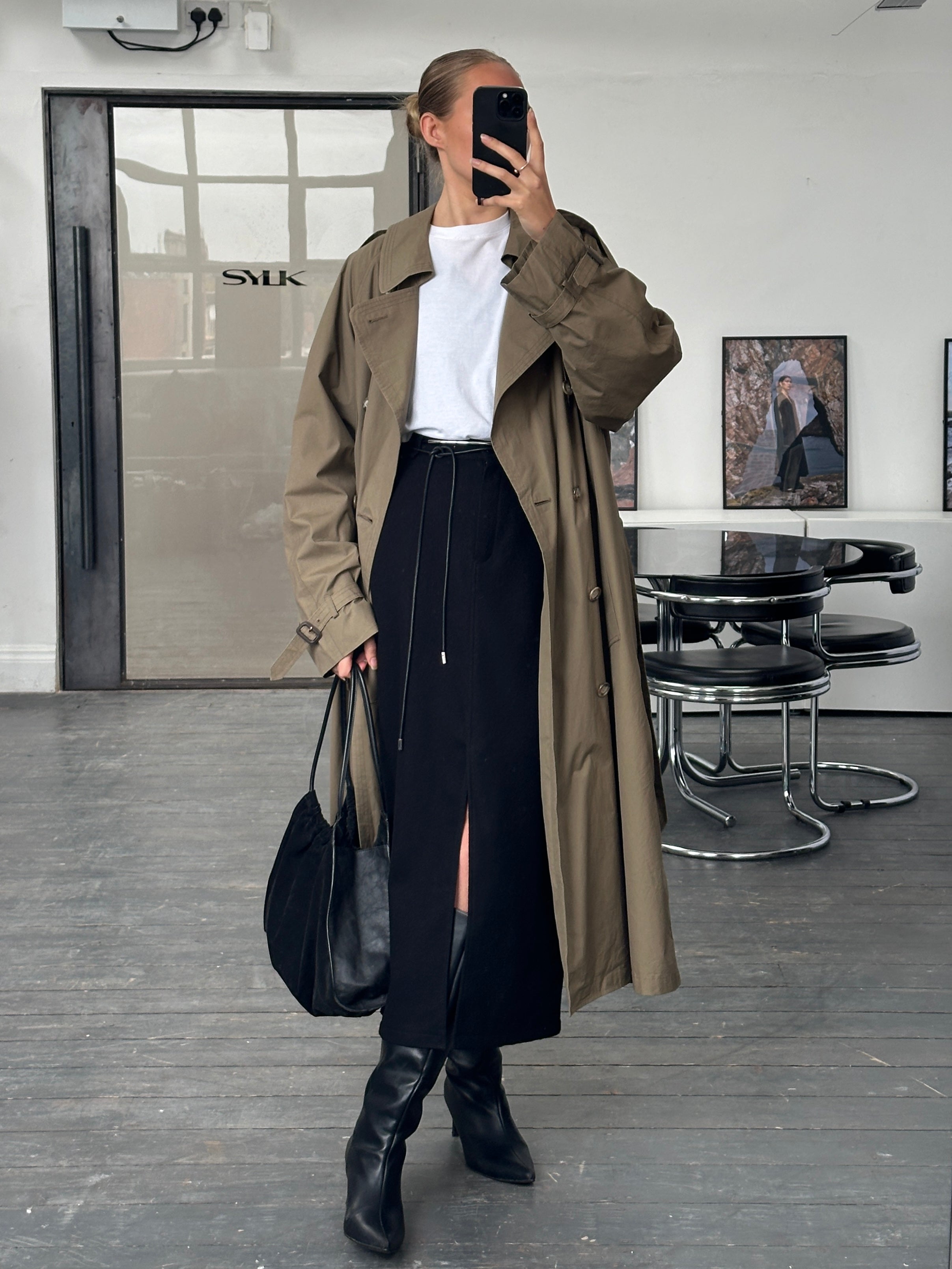London Fog 1990s high neck double-breasted belted trench coat, XL size, classic beige color, front view with belt and collar detail.