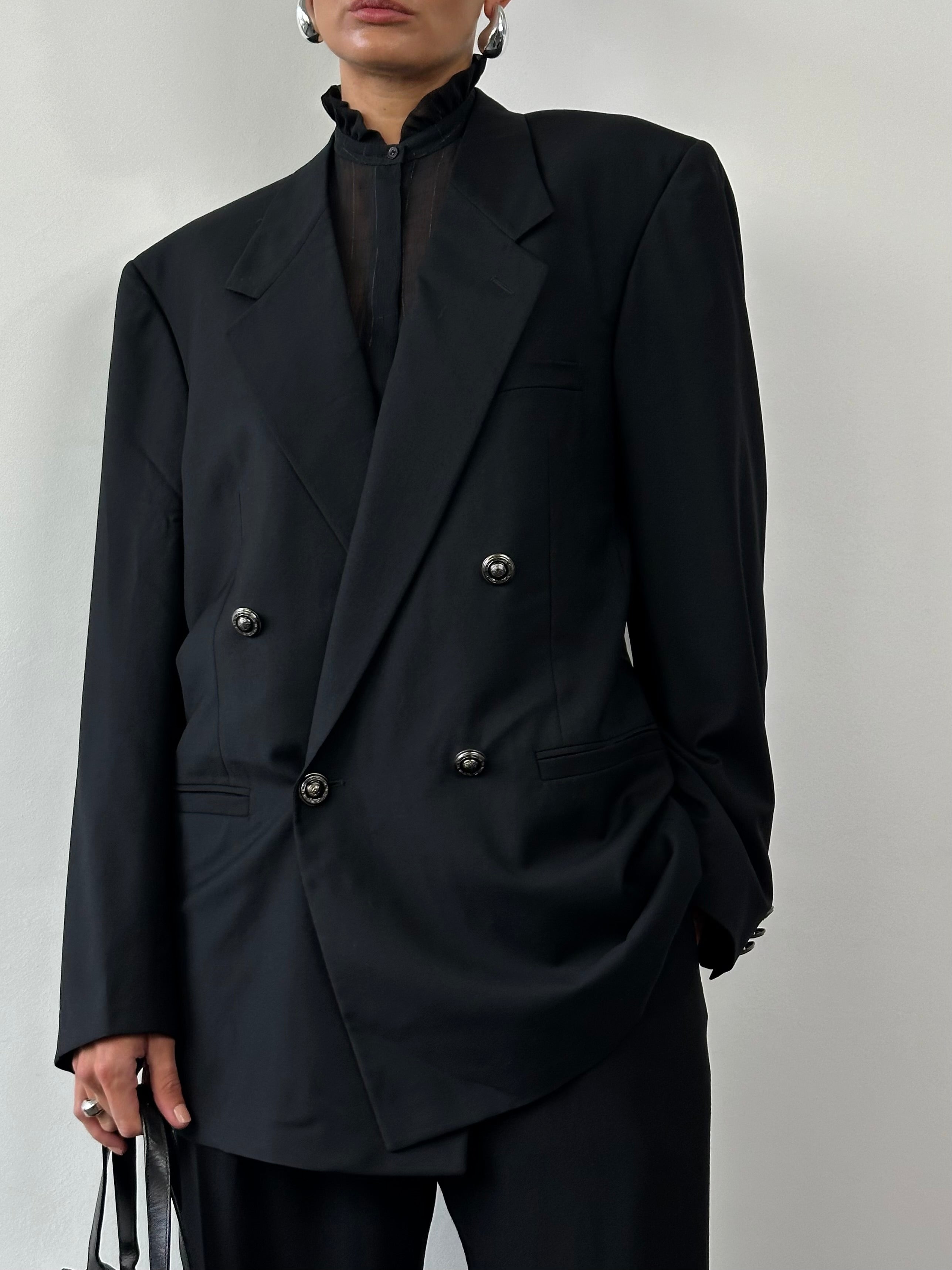 Gianni Versace 1990s bespoke Medusa button double-breasted blazer in size 40R/L, featuring classic Versace design and bold style.