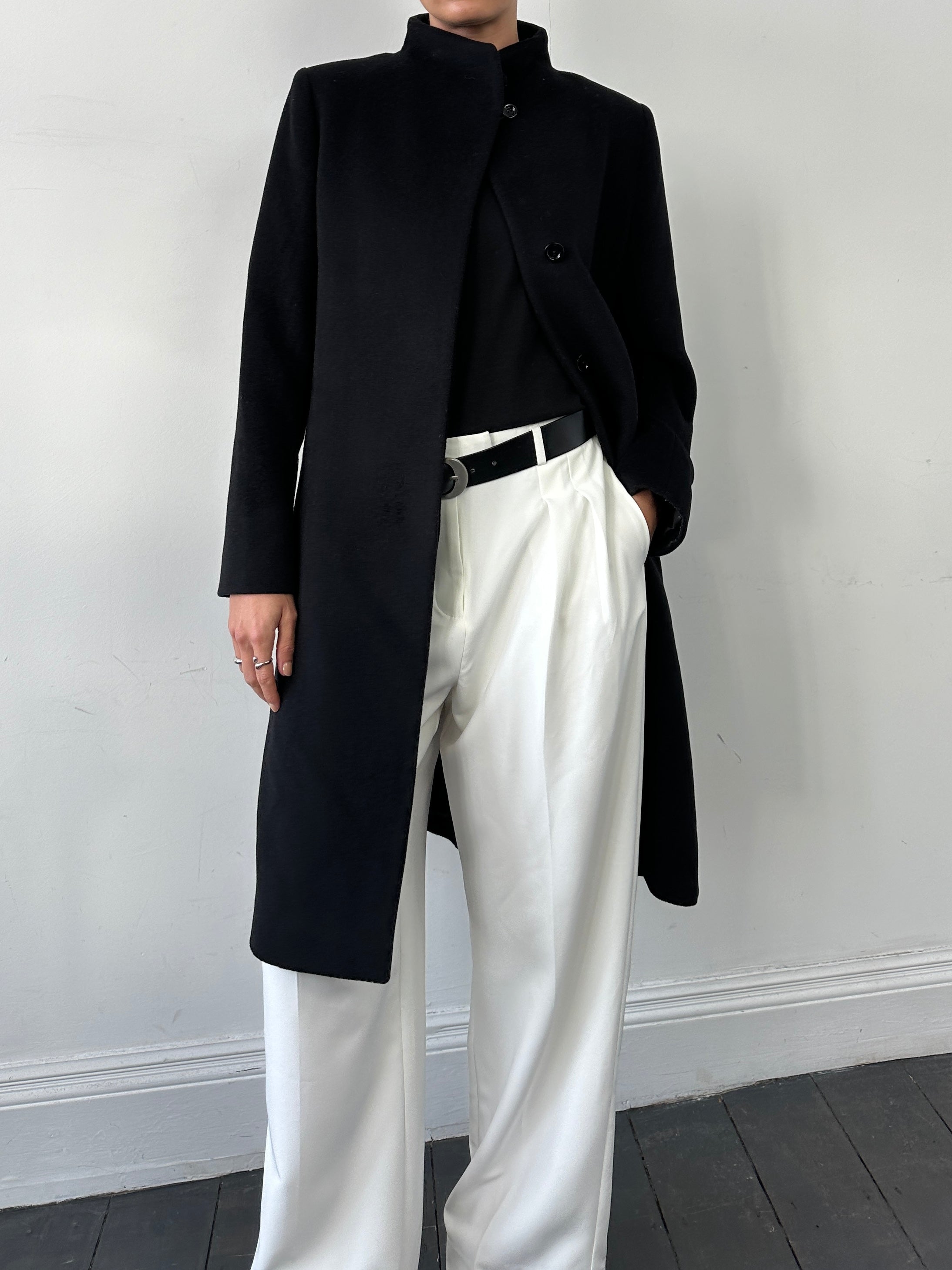 Cinzia Rocca minimal high neck pure wool coat in beige, front view showing classic design and tailored fit.