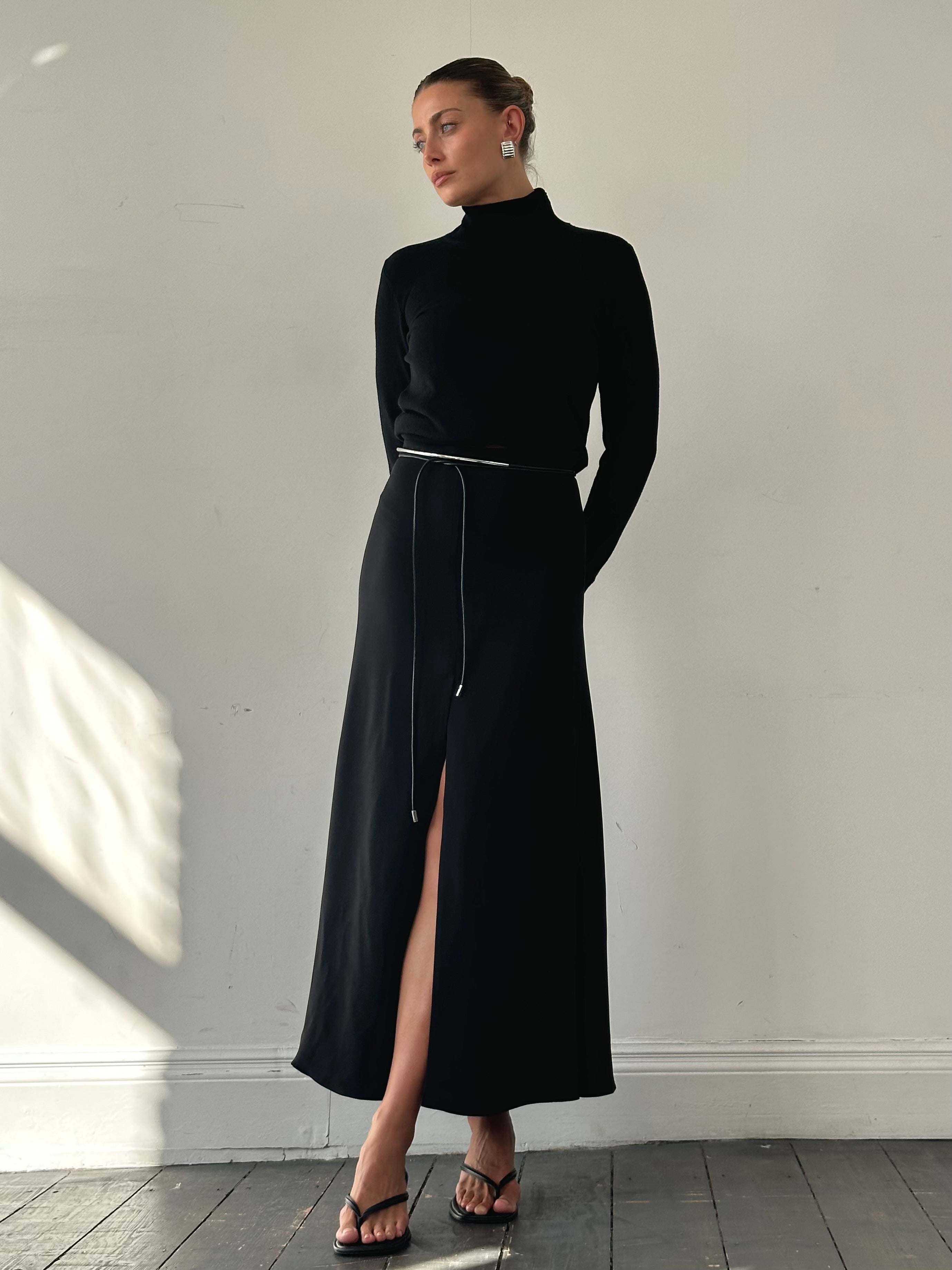 Giorgio Armani SS2023 pure silk split front A-line maxi skirt in W26, soft fabric with elegant flow and design details.