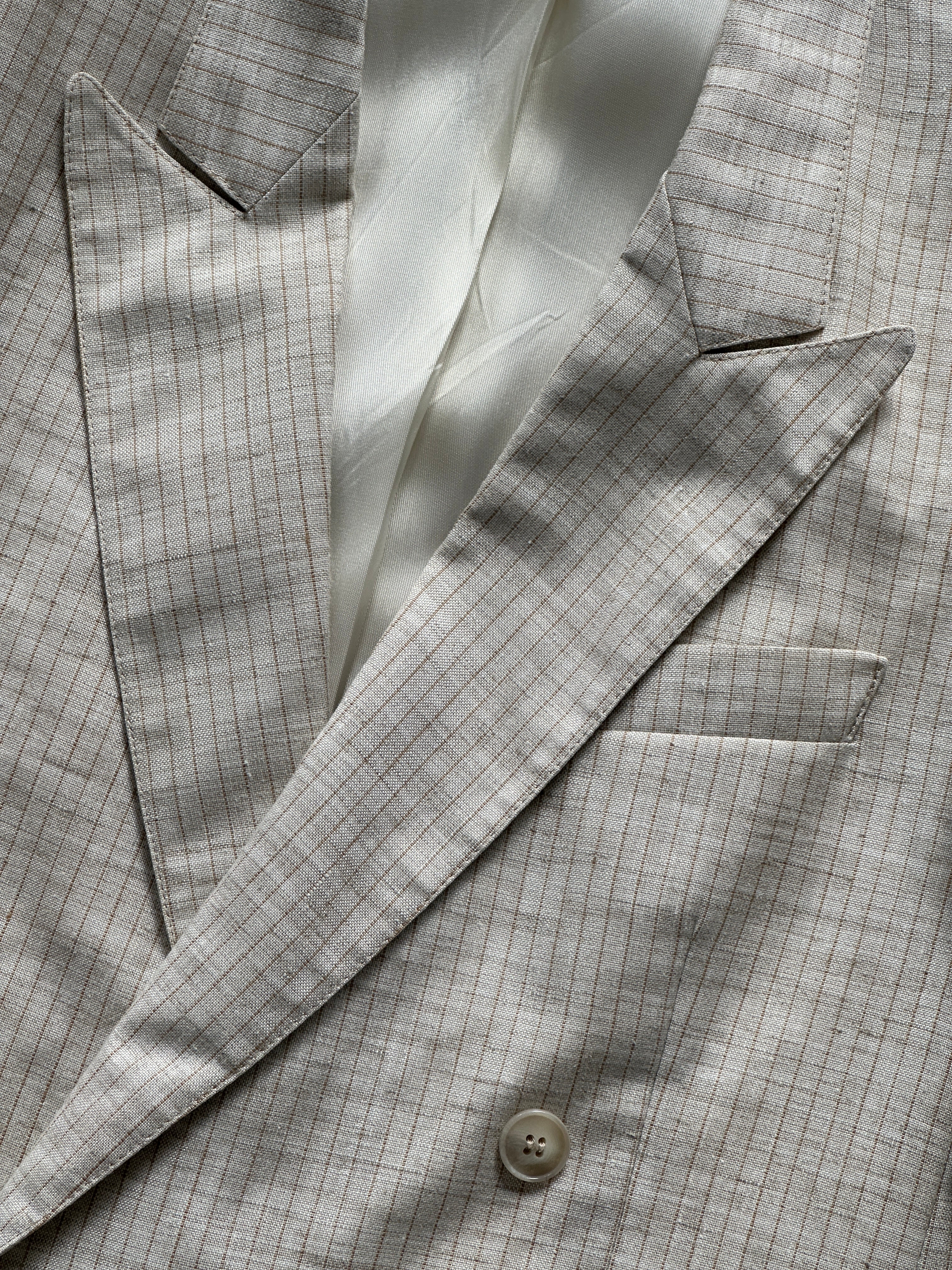 Vintage linen pinstripe double-breasted blazer in size small, featuring classic tailored design and button details.