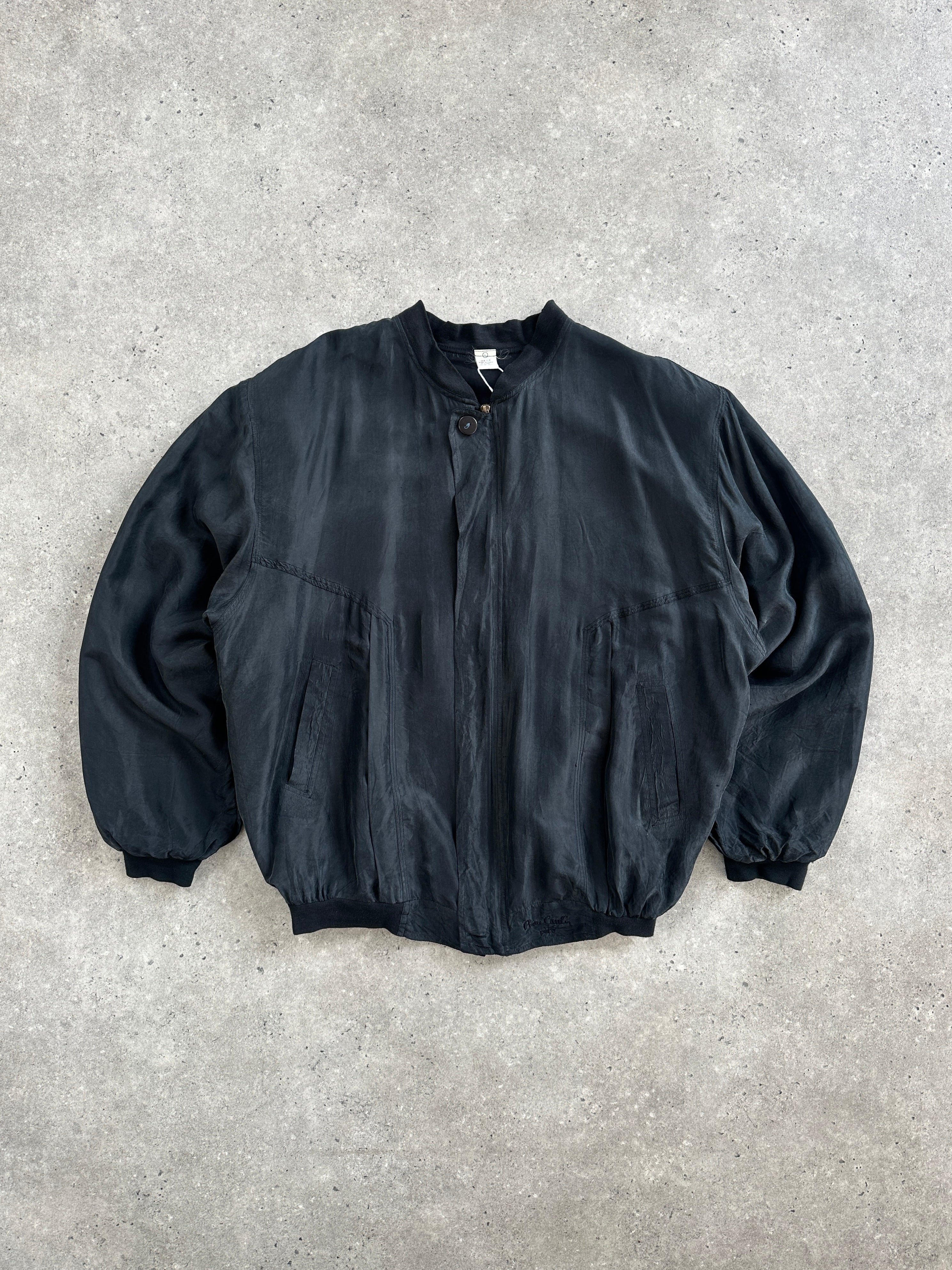 Pierre Cardin 1990s pure silk bomber jacket in XL, featuring a sleek design with a smooth silk fabric and classic bomber style.