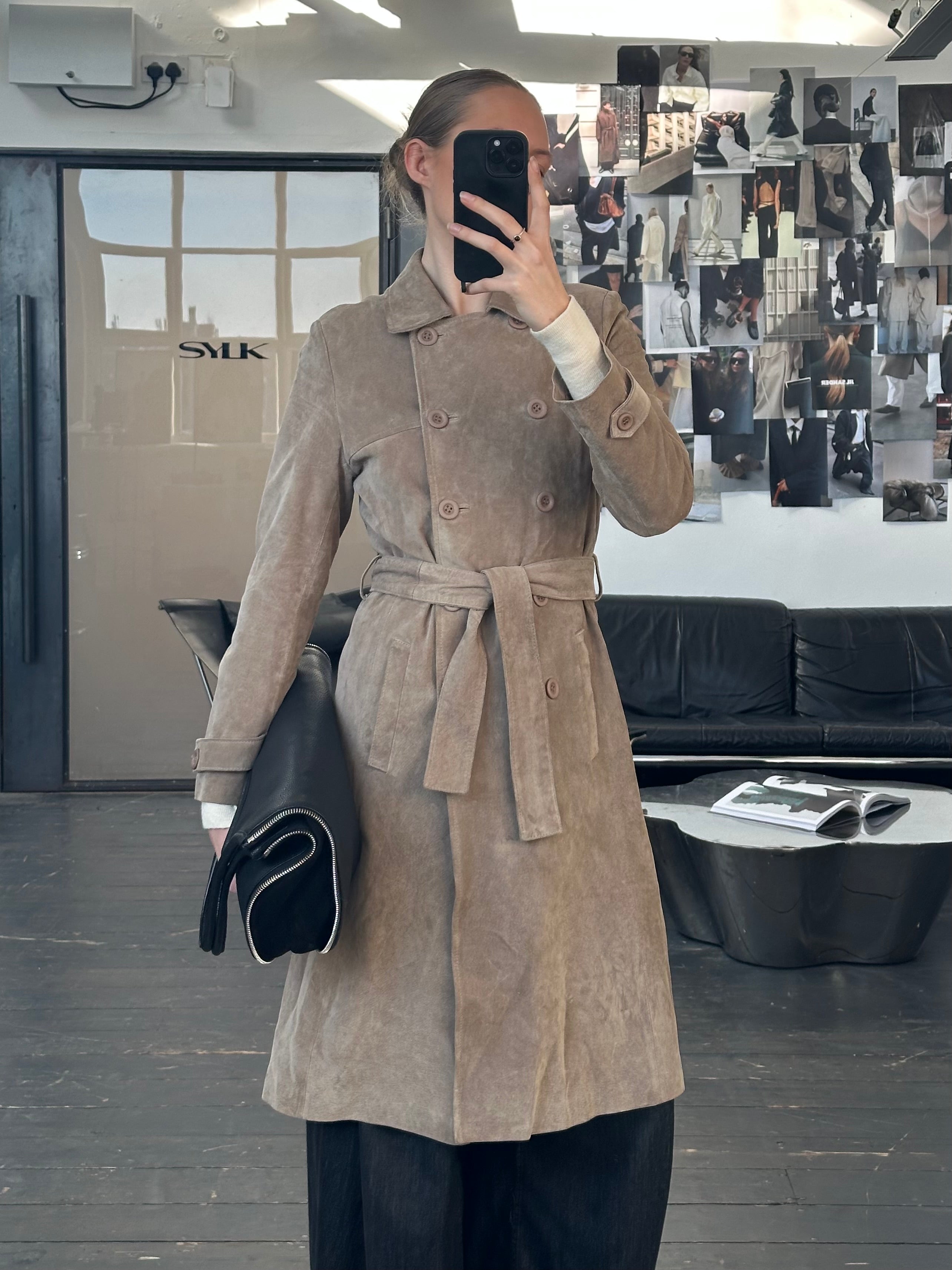 Vintage 1990s suede double-breasted belted trench coat in size small, featuring classic design and rich brown color.