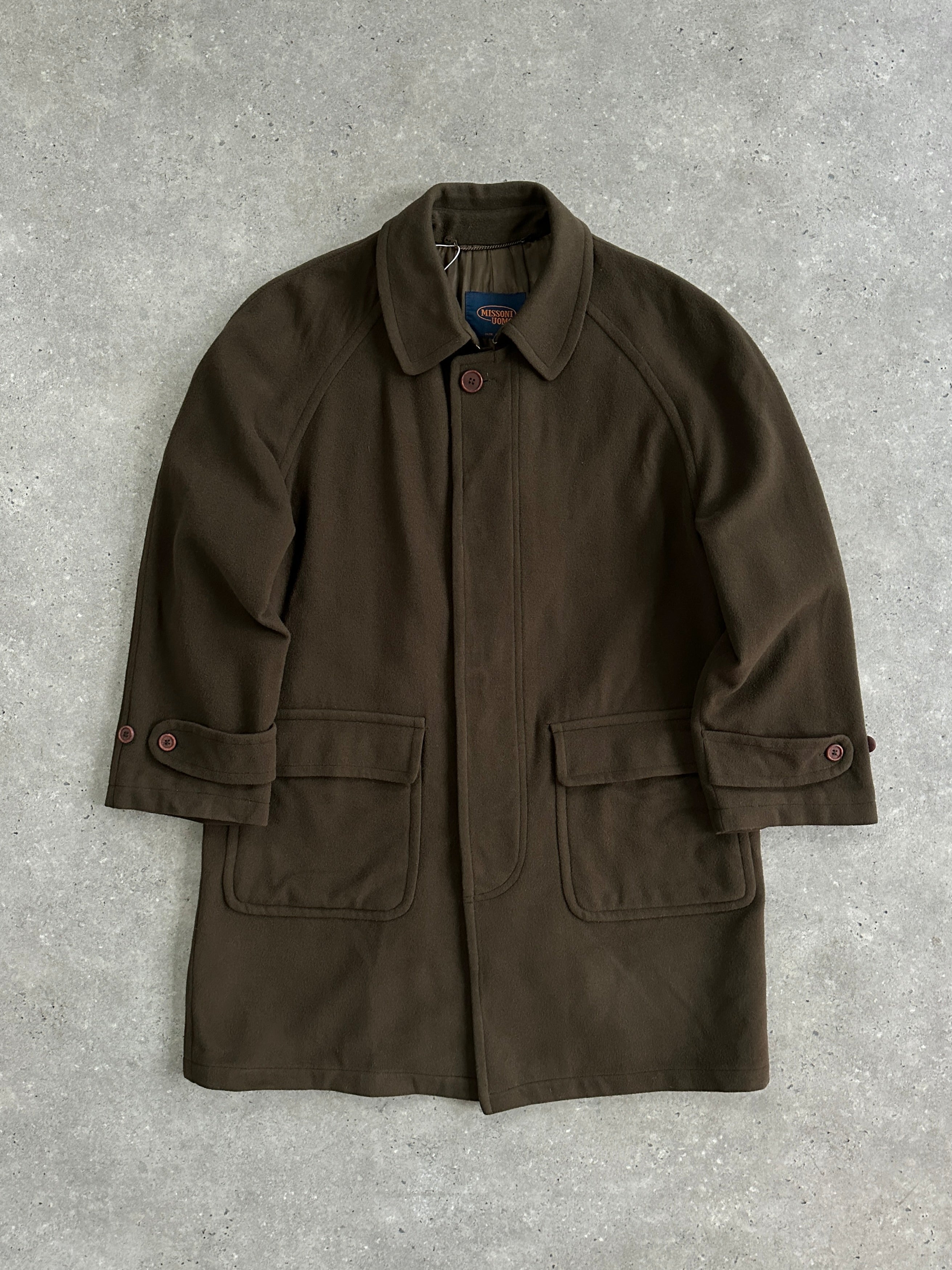 Missoni 1990s XXL wool coat with concealed placket, featuring classic knit pattern and tailored fit in neutral tones.