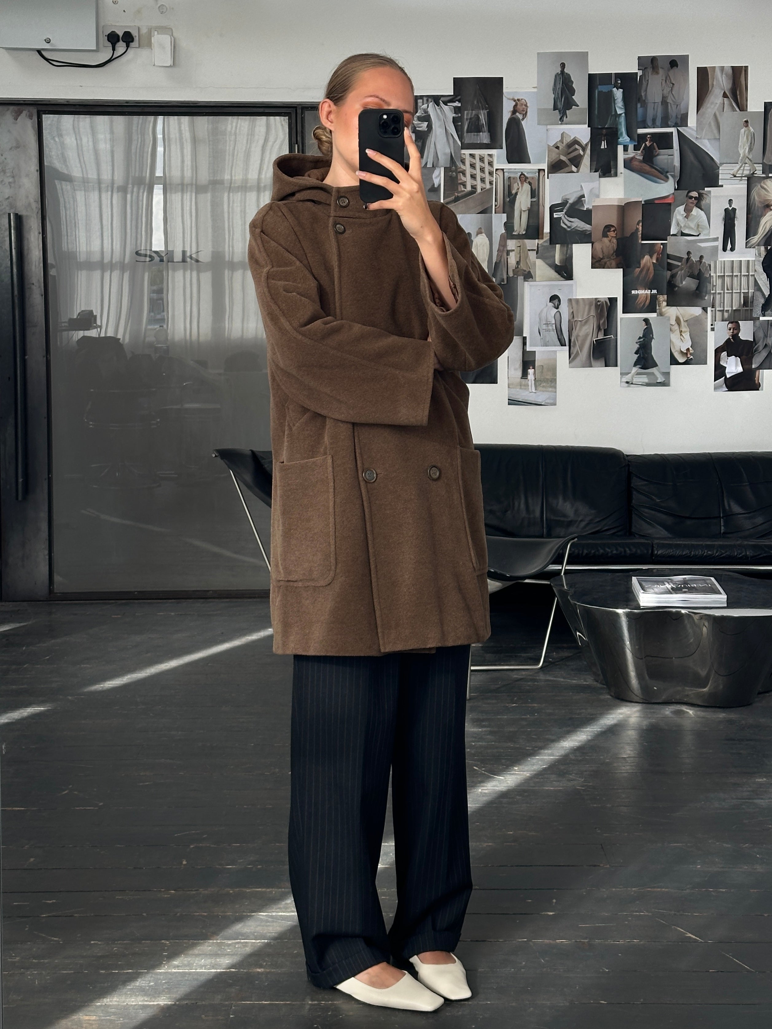 Max Mara Weekend 2000s wool hooded double-breasted coat, size M, featuring a classic tailored design with a hood and button details.