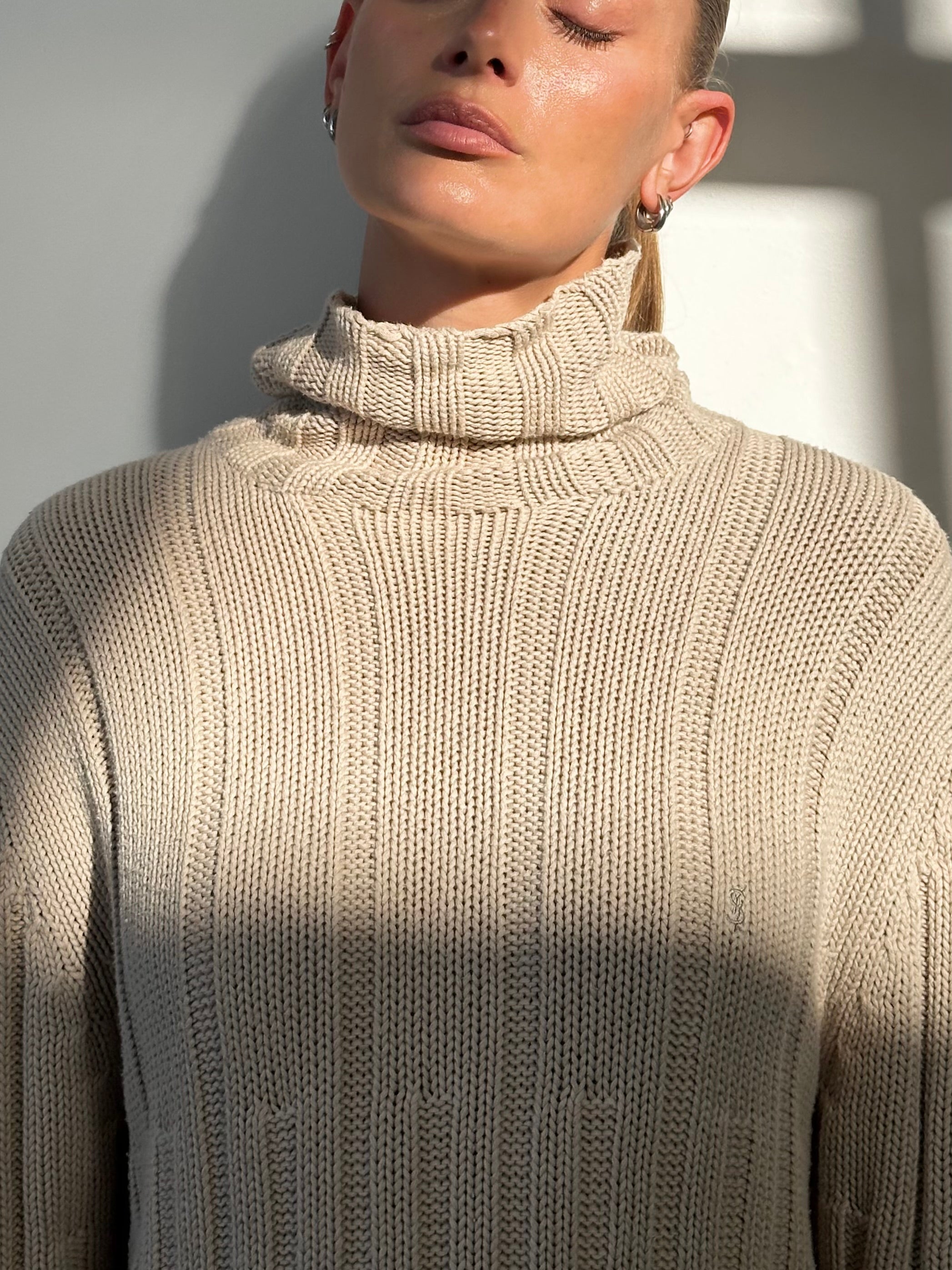 Yves Saint Laurent Pour Homme pure cotton logo roll neck jumper in size L, featuring a classic design and soft fabric.