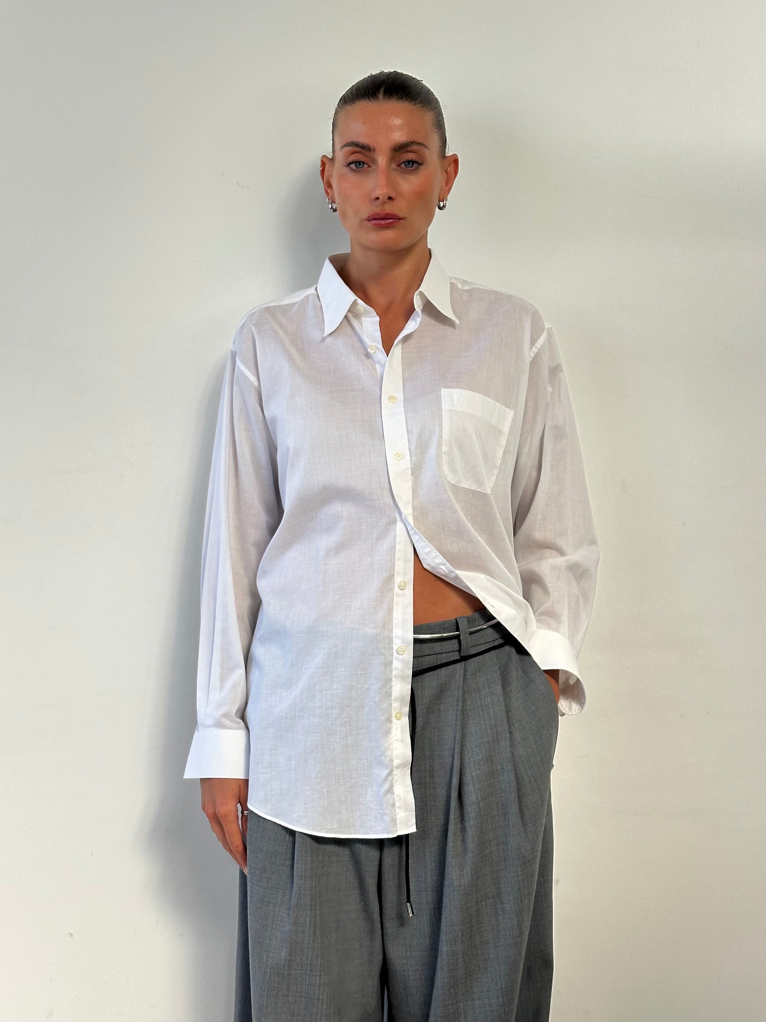 Yves Saint Laurent 90s cotton logo shirt in size L/XL, featuring a classic design with the brand's logo on the front.
