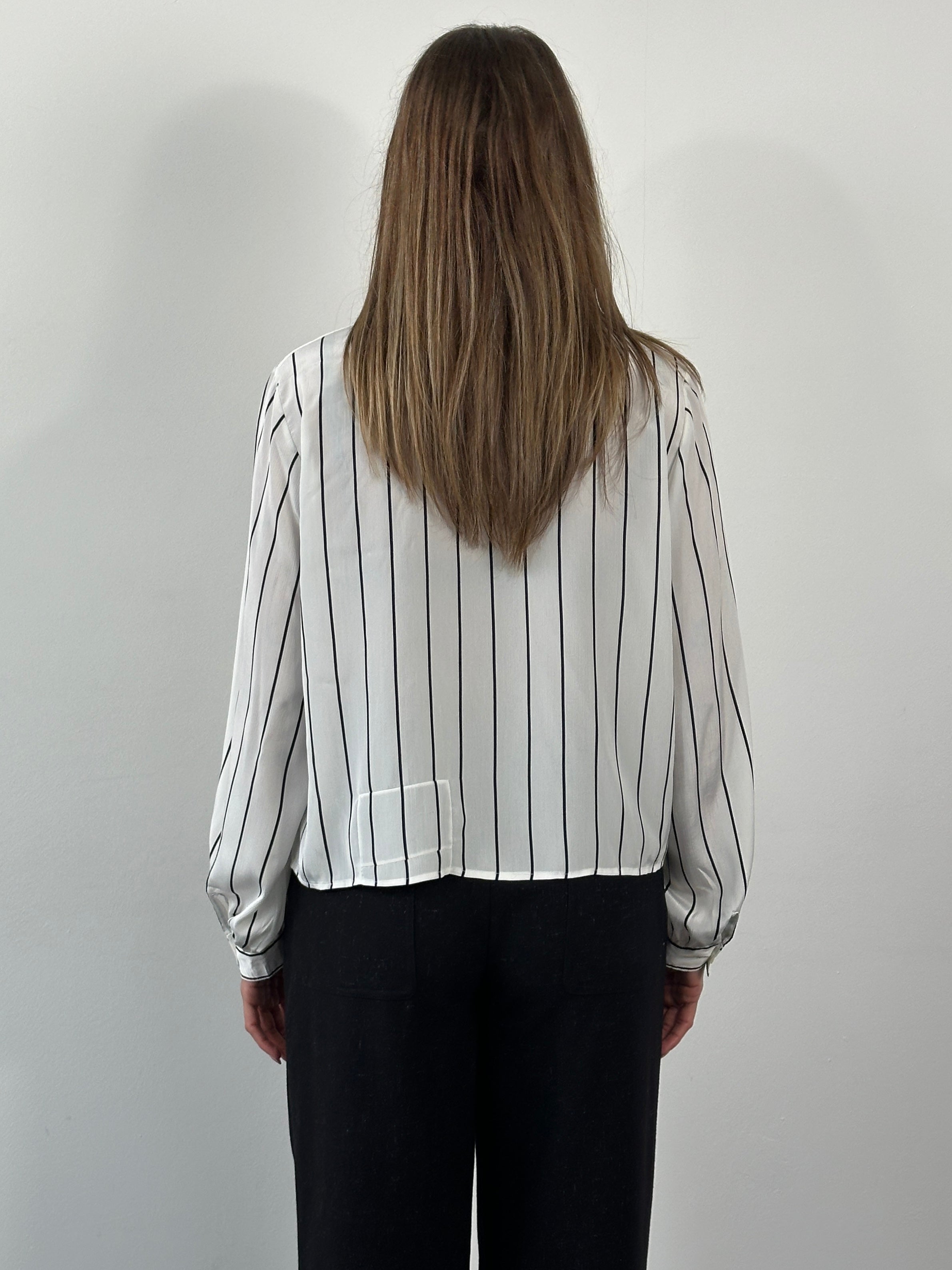 Vintage 1980s sheer stripe tie neck shirt in size M, featuring lightweight fabric and classic retro style.
