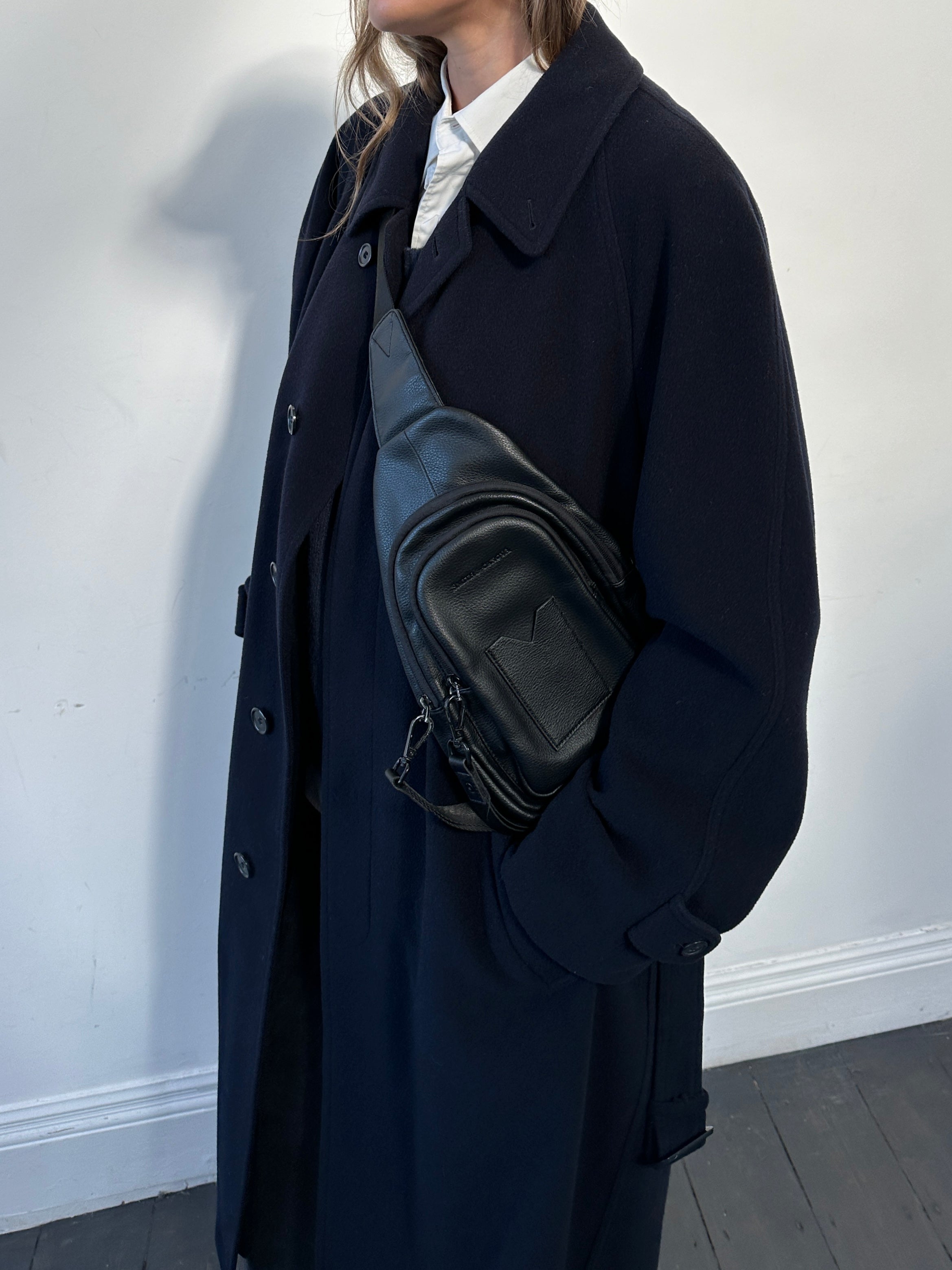 Vintage pure wool belted coat with concealed placket in XL size, showcasing a classic, textured fabric and tailored fit.