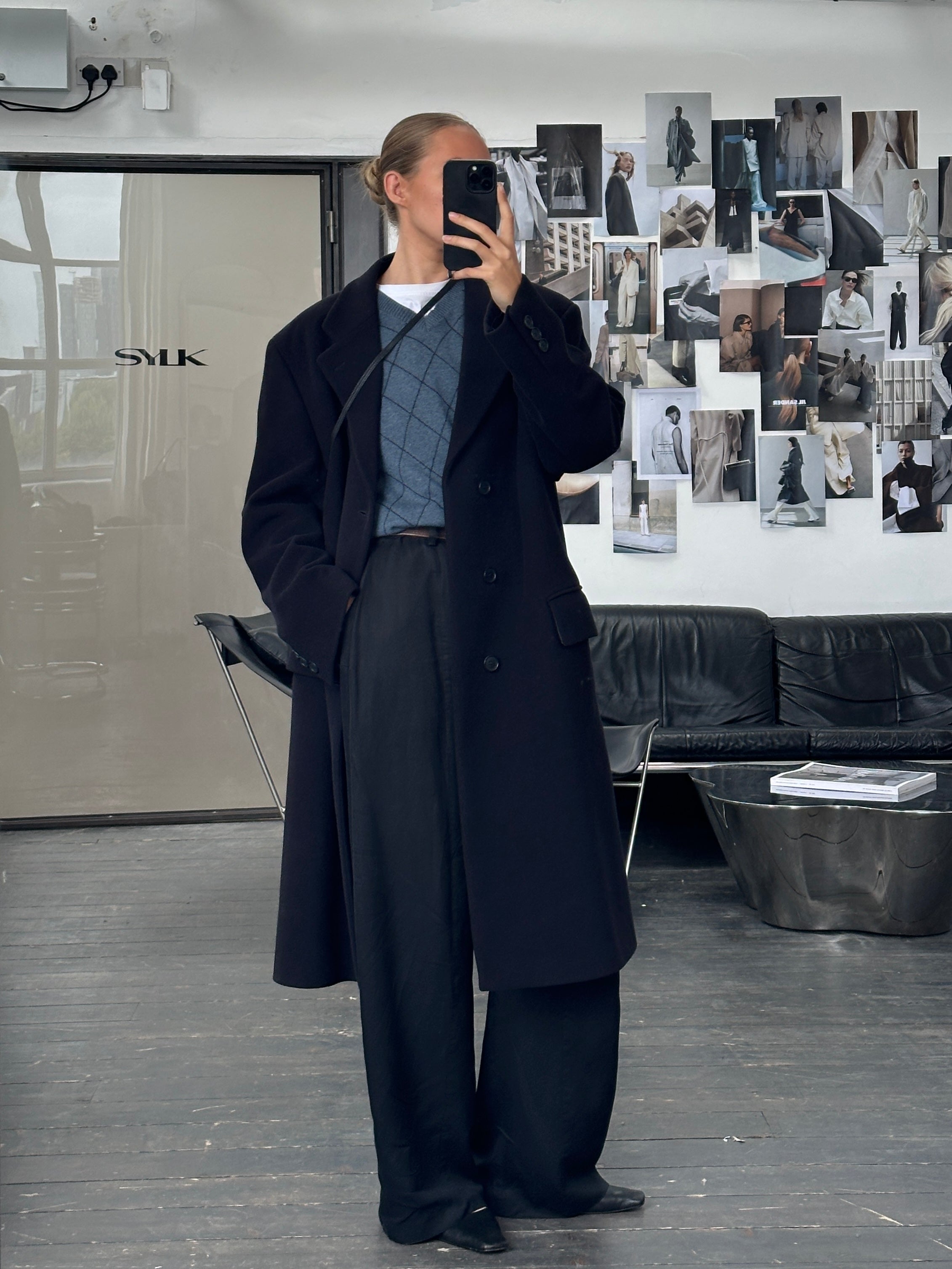 Emporio Armani 1990s wool cashmere single-breasted coat in XL, shown in black with classic tailored design and notched lapels.