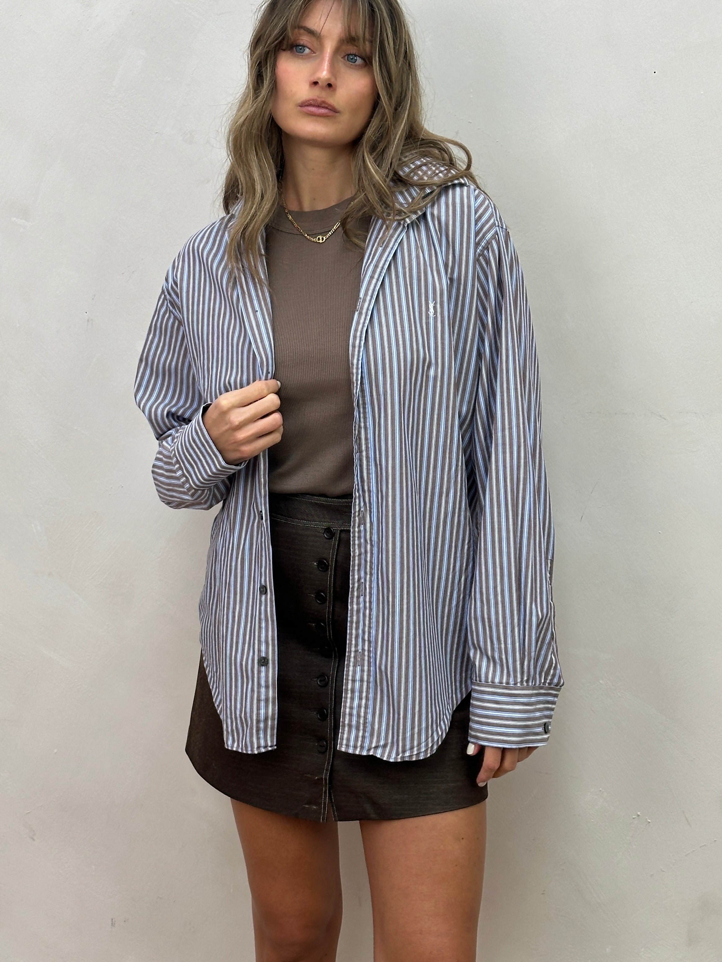 Yves Saint Laurent Pour Homme stripe pure cotton logo shirt in size L, featuring a classic design with YSL branding
