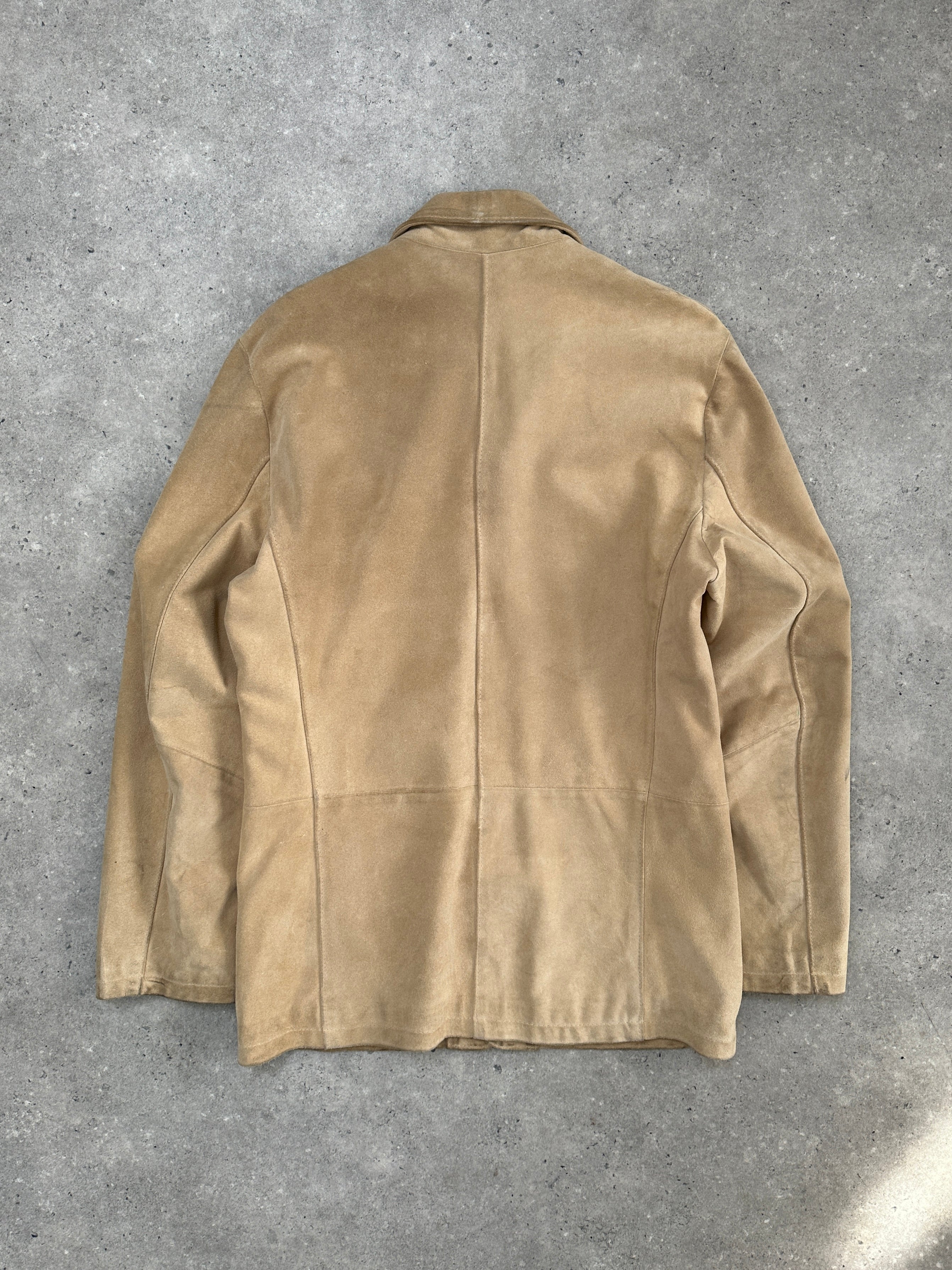 Vintage Italian suede jacket in size L, showcasing classic design with a soft, textured leather finish and stylish vintage appeal.