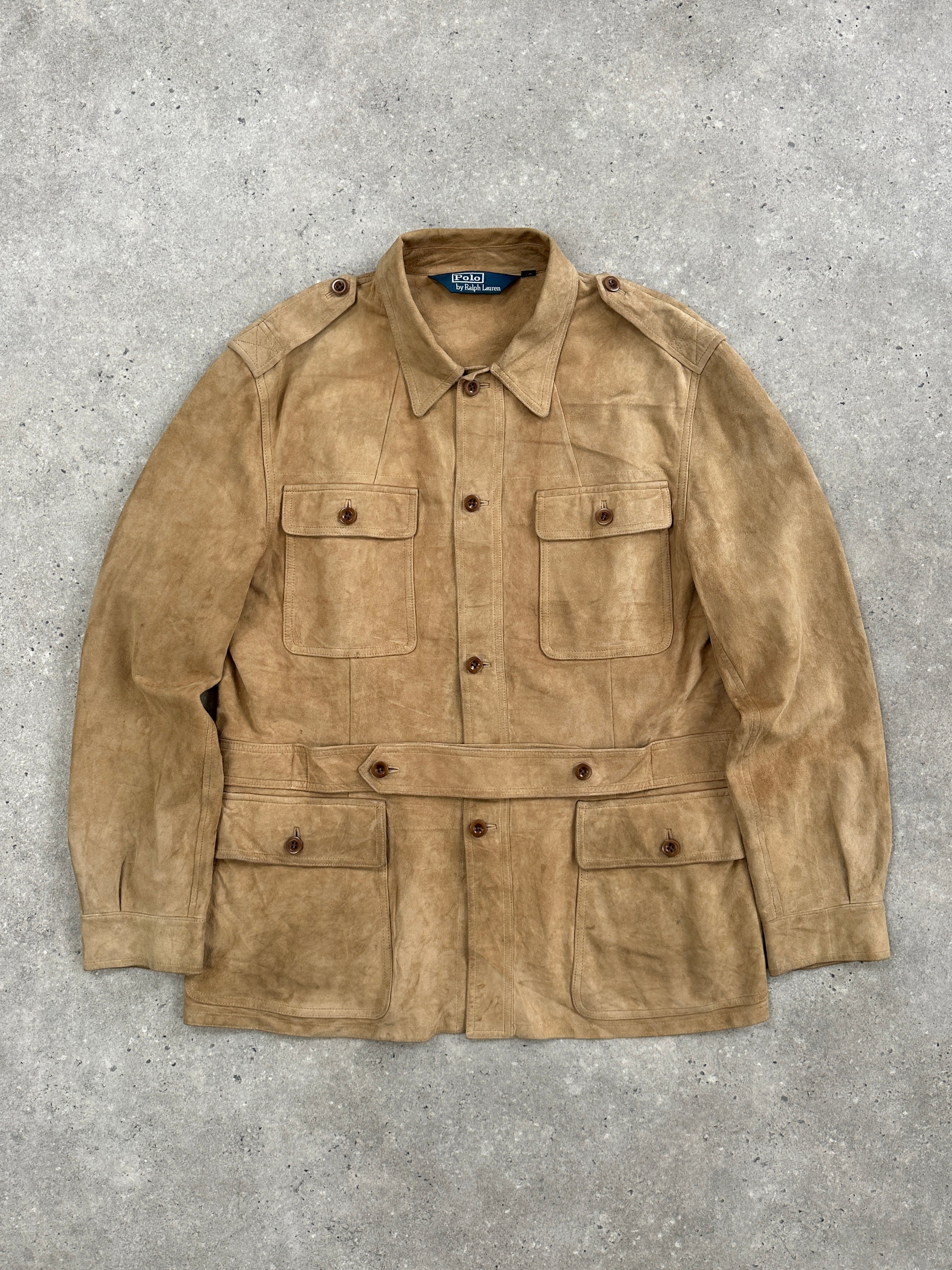Ralph Lauren Polo 2000s safari suede jacket in XL, tan color, with collar and button details, displayed on a hanger.