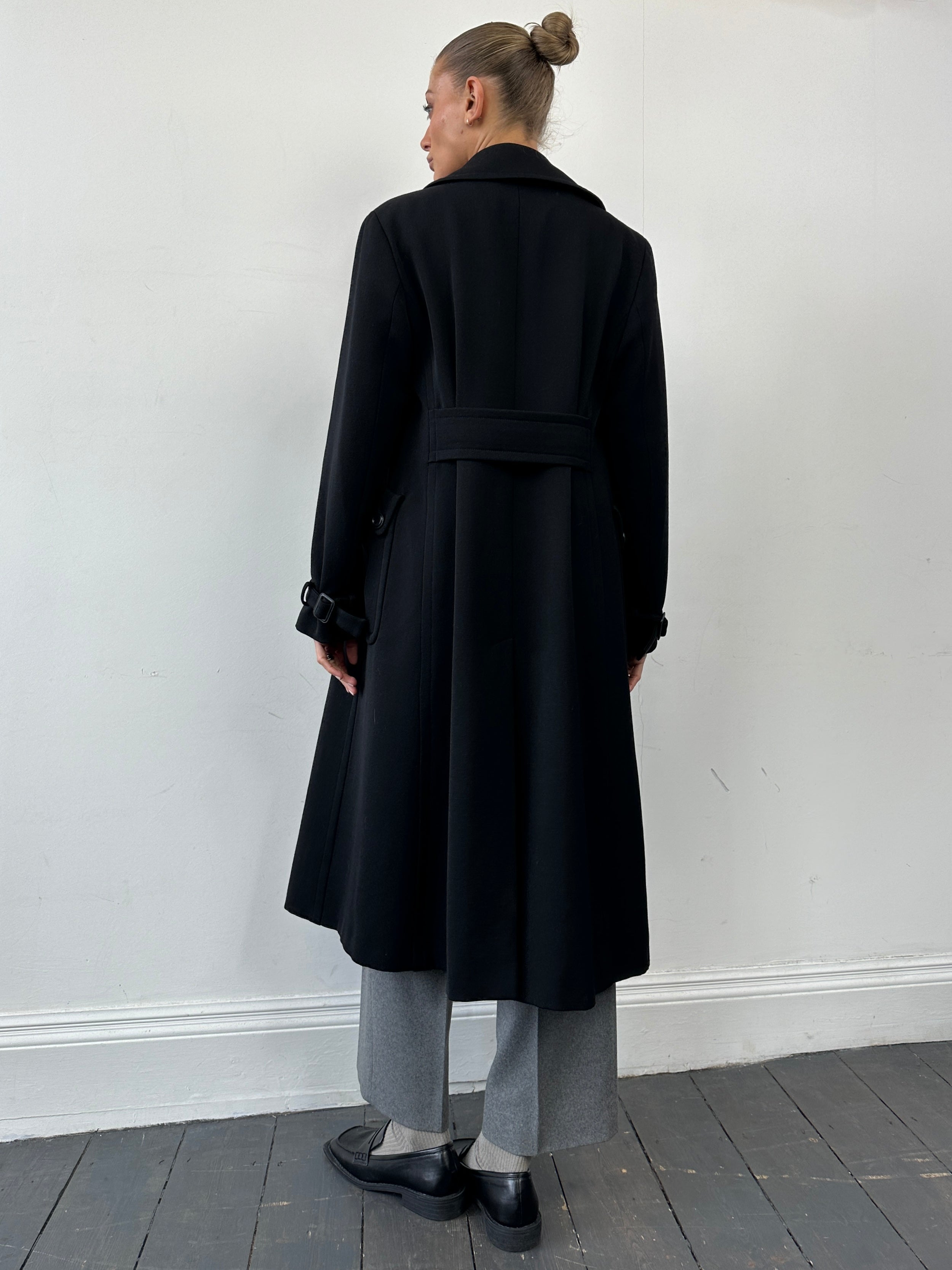 Marella Pure Virgin Wool Single Breasted Coat in S/M, shown in a natural light, with classic lapels and tailored fit.