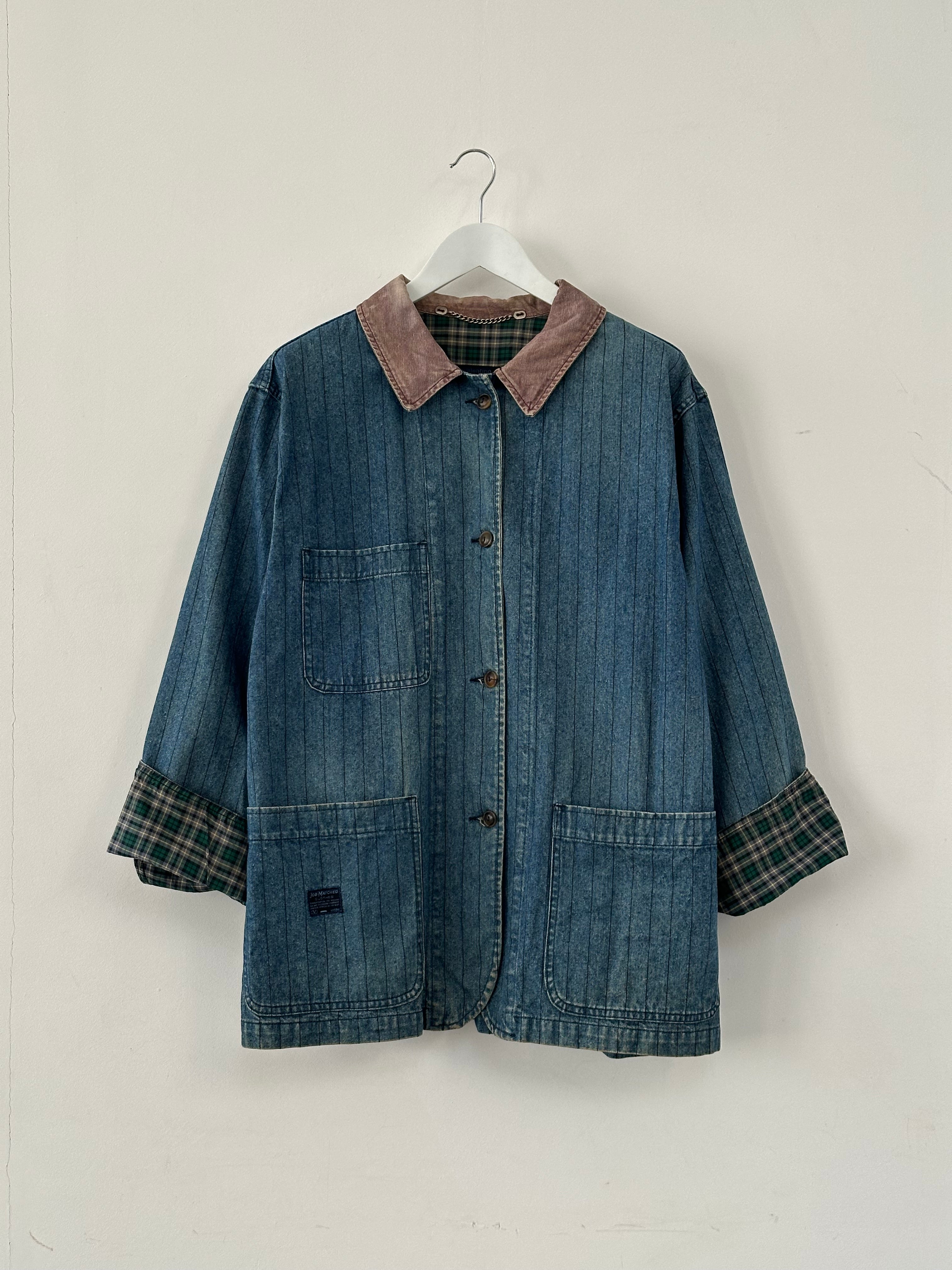 Valentino workwear denim pinstripe jacket in XL, featuring classic denim fabric with subtle pinstripe details and a tailored fit.