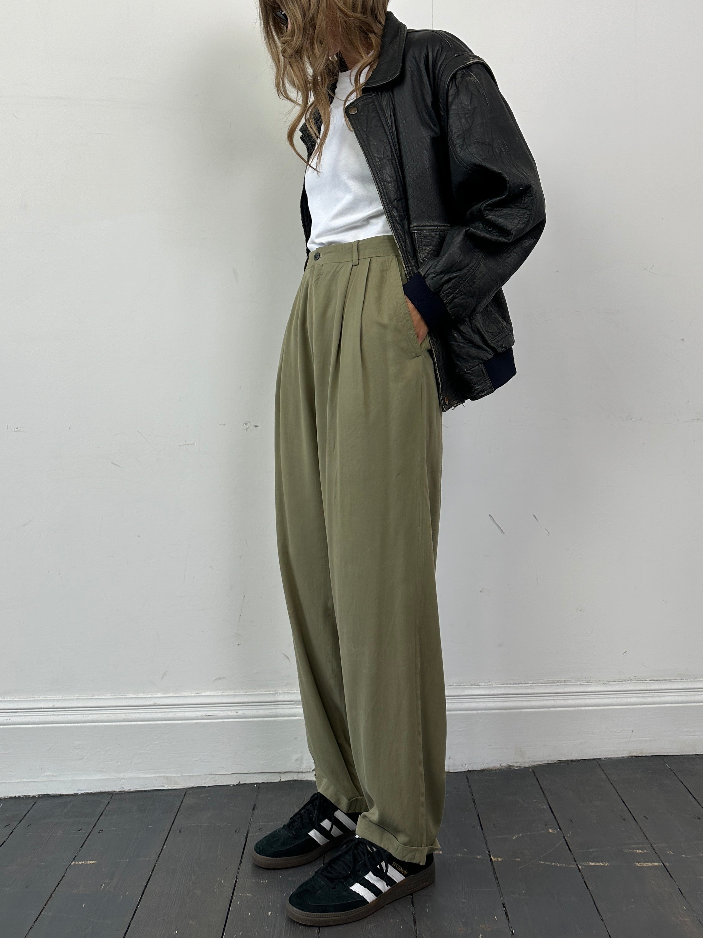 Versace Versus silk high-waisted straight-leg trousers in W32, featuring a sleek design and smooth fabric.