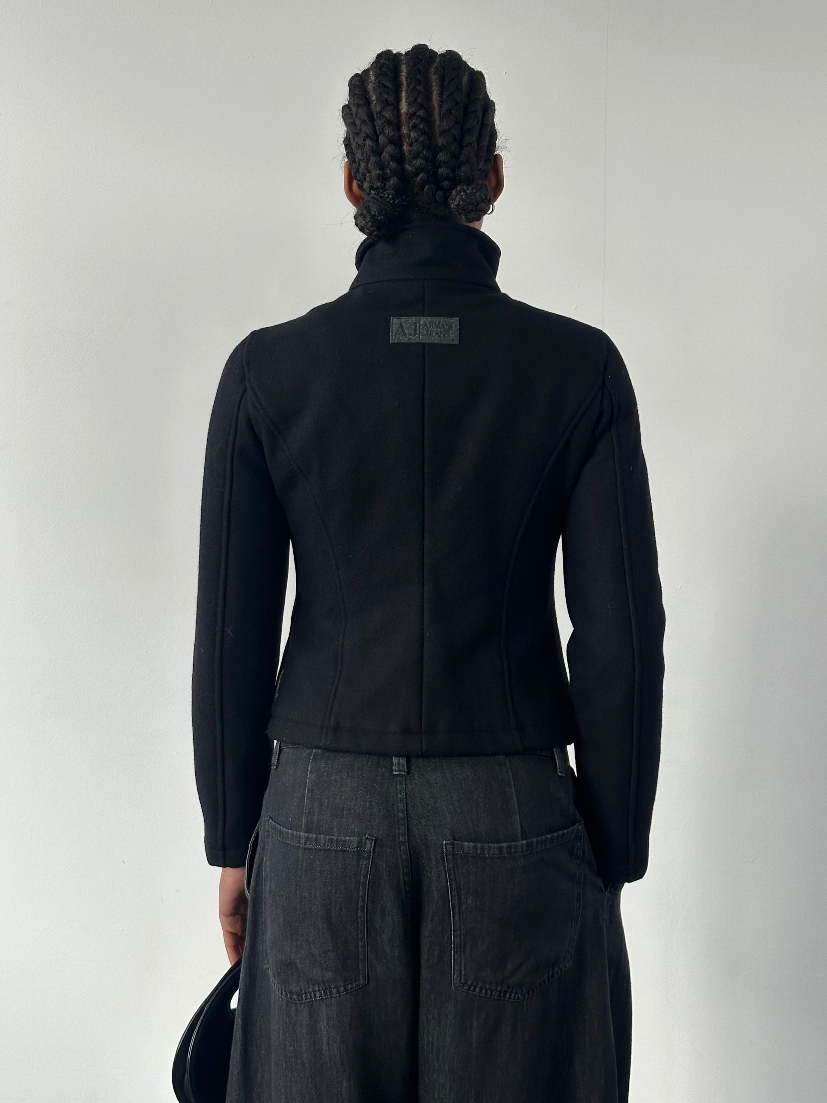 Armani Jeans 2000s wool high-neck minimal jacket in size S, featuring a sleek design and neutral color.