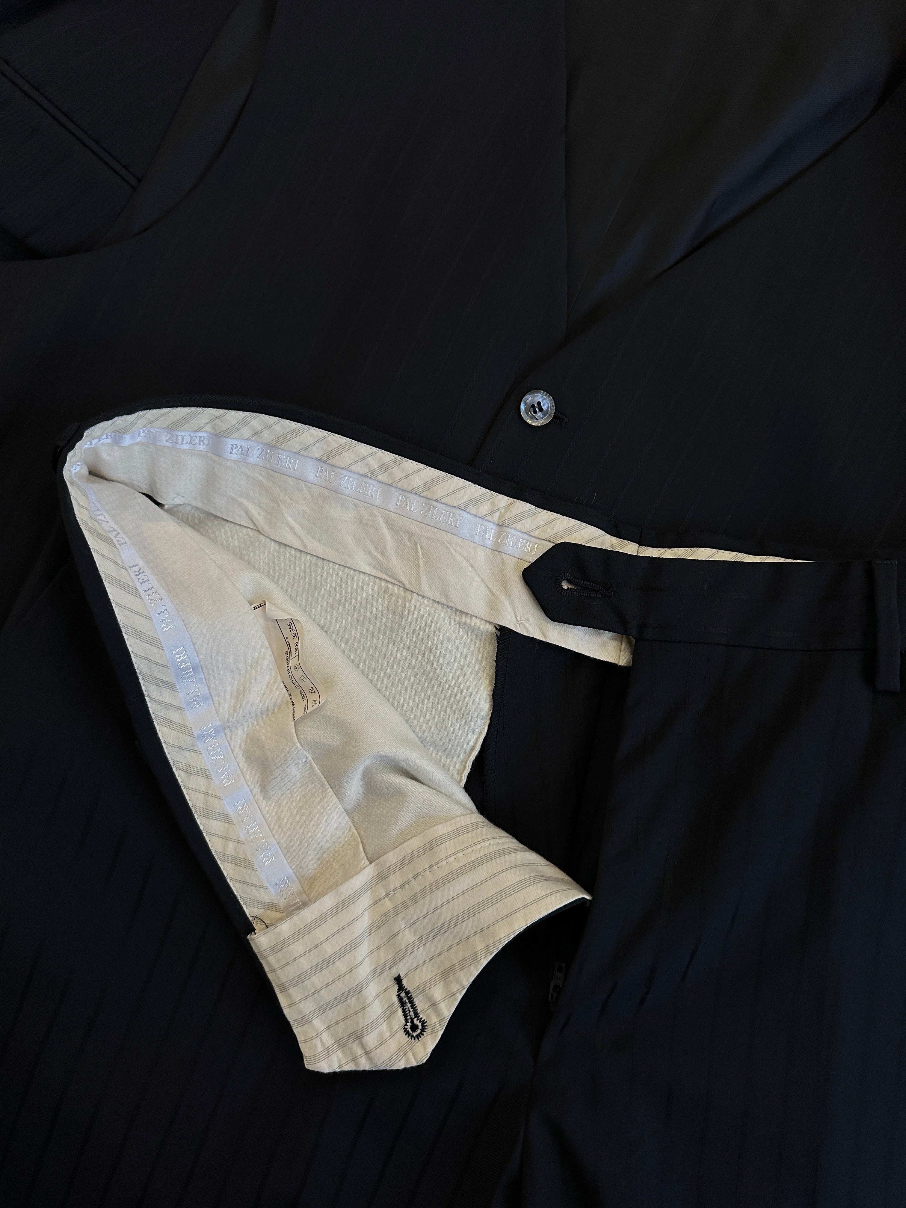 Pal Zileri pinstripe virgin wool three-piece suit in size 44R/W34, featuring a tailored fit and classic design.
