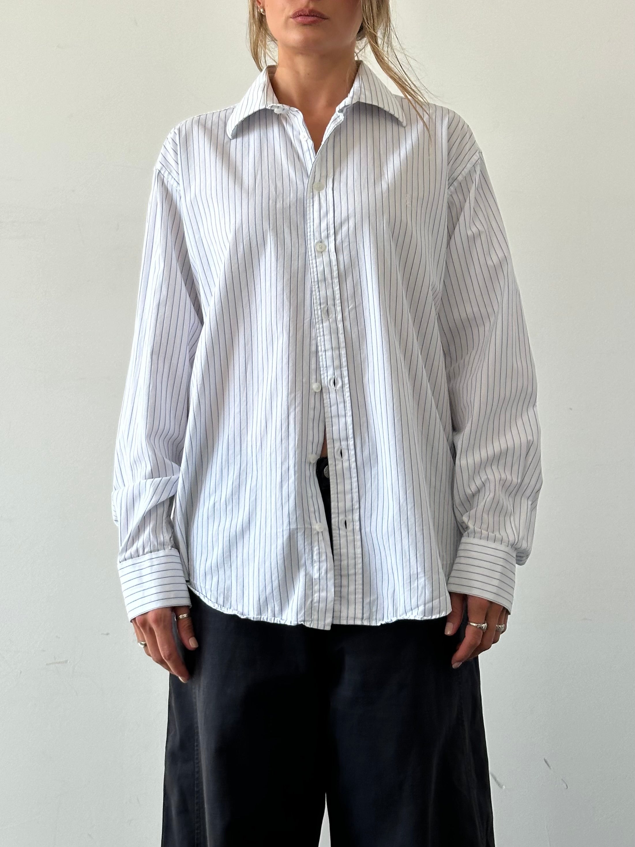 Yves Saint Laurent Pour Homme stripe cotton logo shirt in size L/XL, featuring a stylish design and signature branding.